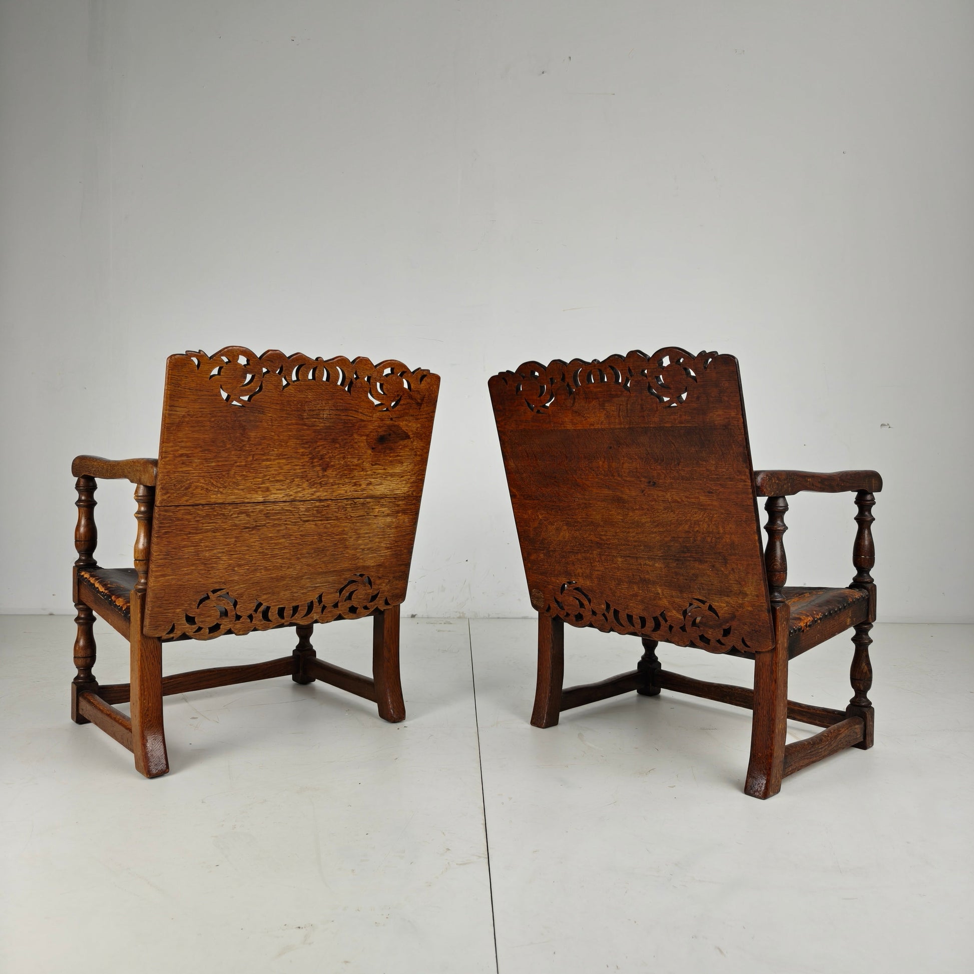 Pair of English Antique Jacobean Monk Armchairs / Tables by F. Parker & Sons Ltd Pair of English Antique Jacobean Monk Armchairs / Tables by F. Parker & Sons Ltd