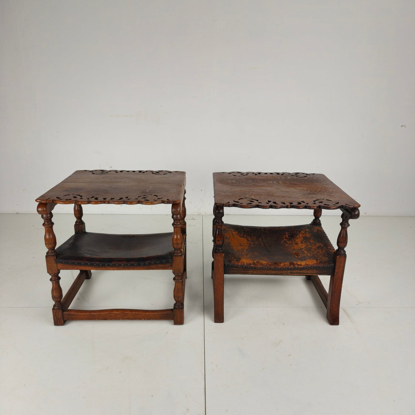 Pair of English Antique Jacobean Monk Armchairs / Tables by F. Parker & Sons Ltd Pair of English Antique Jacobean Monk Armchairs / Tables by F. Parker & Sons Ltd