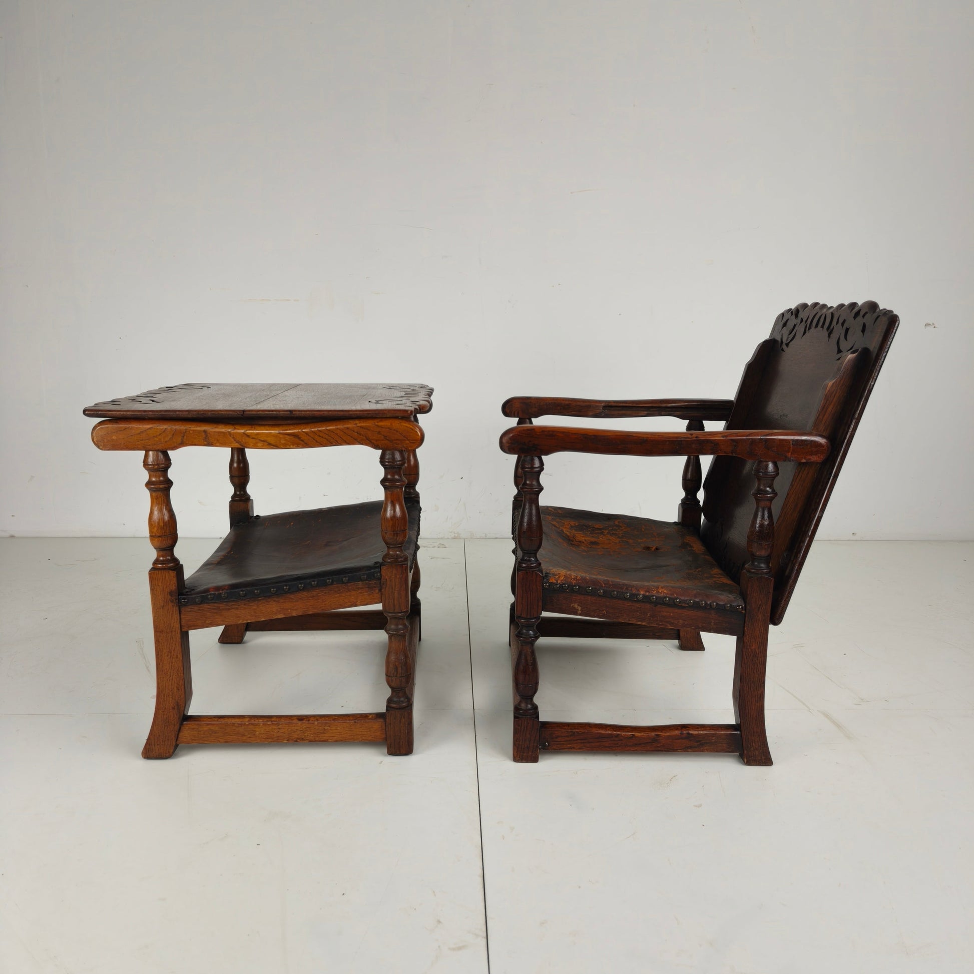 Pair of English Antique Jacobean Monk Armchairs / Tables by F. Parker & Sons Ltd Pair of English Antique Jacobean Monk Armchairs / Tables by F. Parker & Sons Ltd