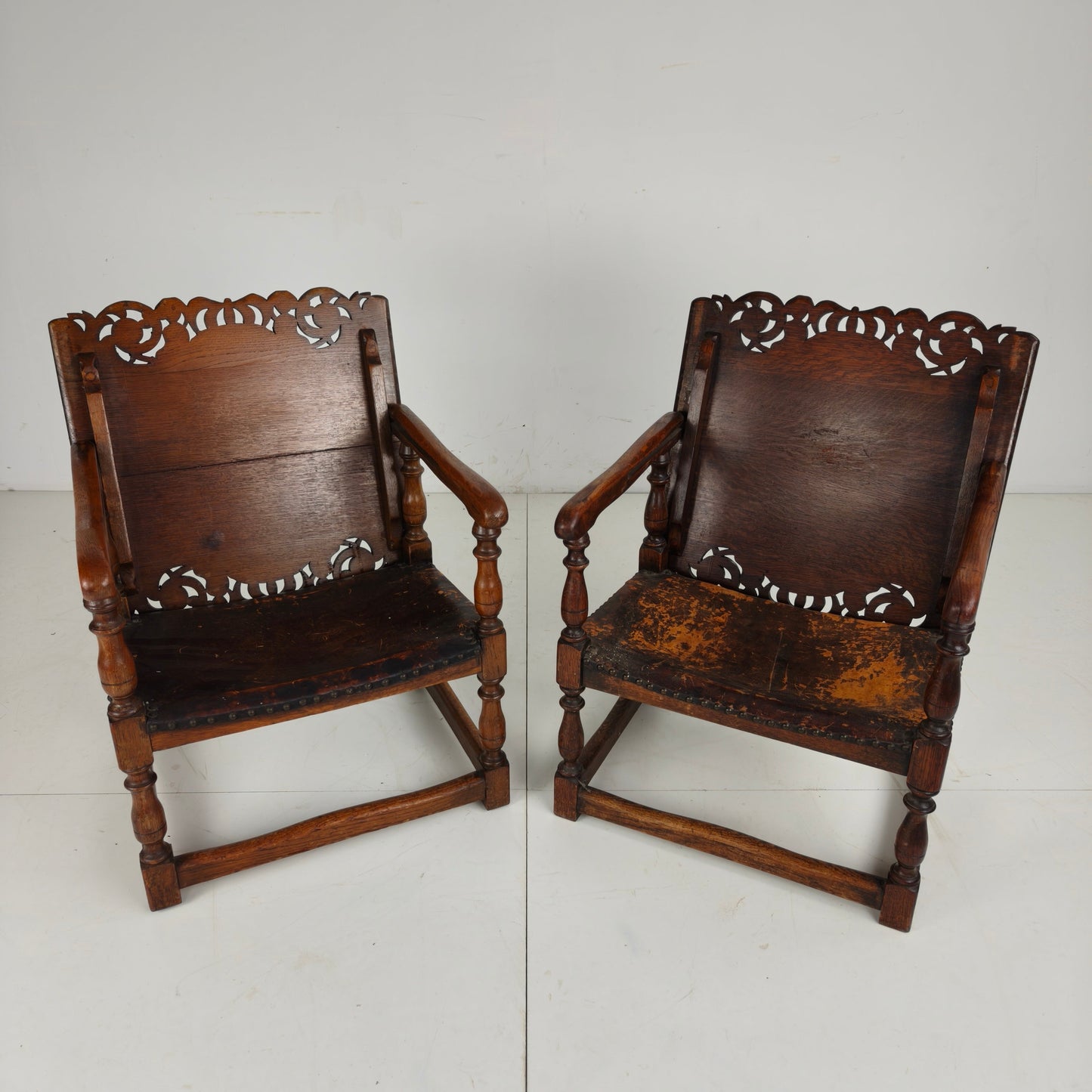 Pair of English Antique Jacobean Monk Armchairs / Tables by F. Parker & Sons Ltd Pair of English Antique Jacobean Monk Armchairs / Tables by F. Parker & Sons Ltd
