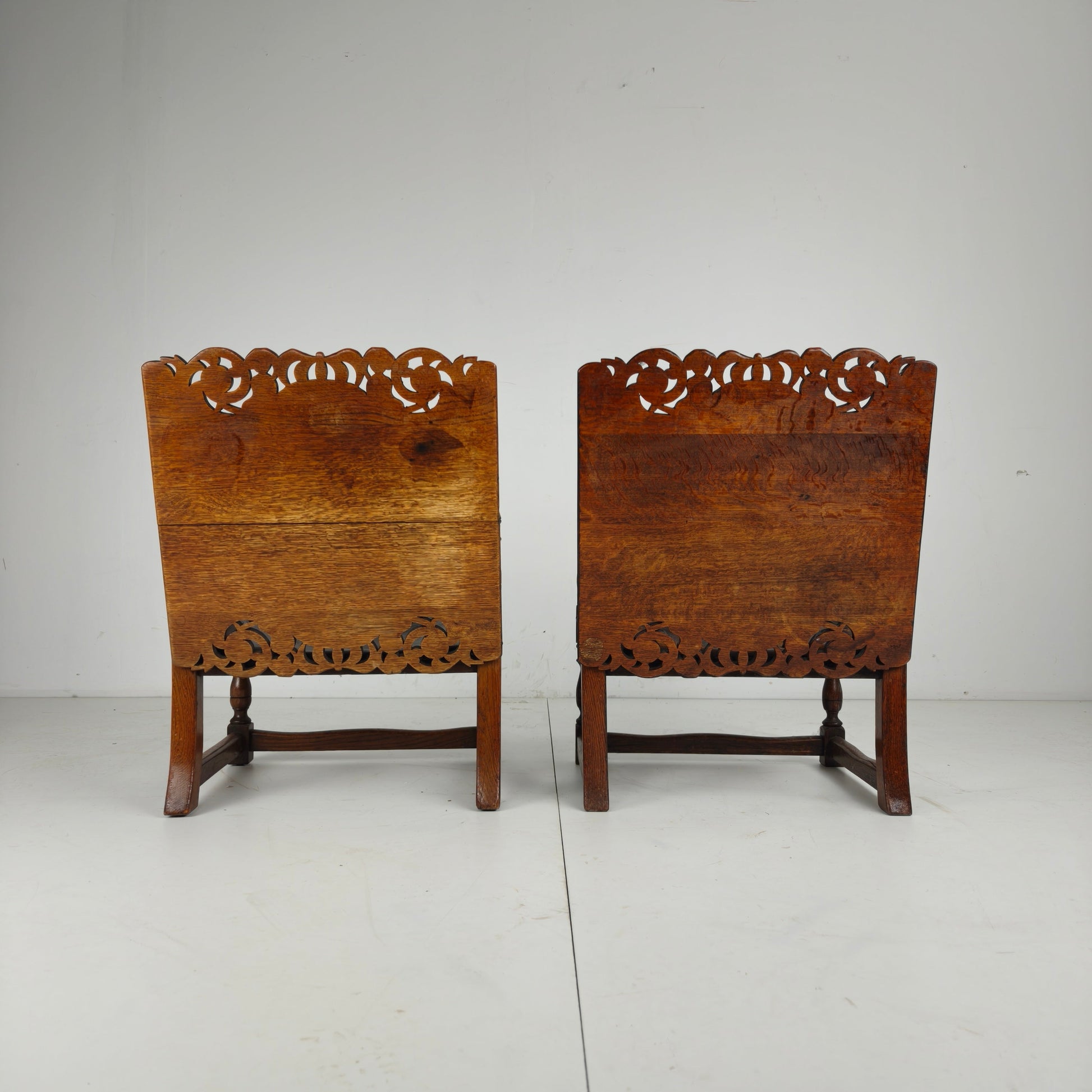 Pair of English Antique Jacobean Monk Armchairs / Tables by F. Parker & Sons Ltd Pair of English Antique Jacobean Monk Armchairs / Tables by F. Parker & Sons Ltd