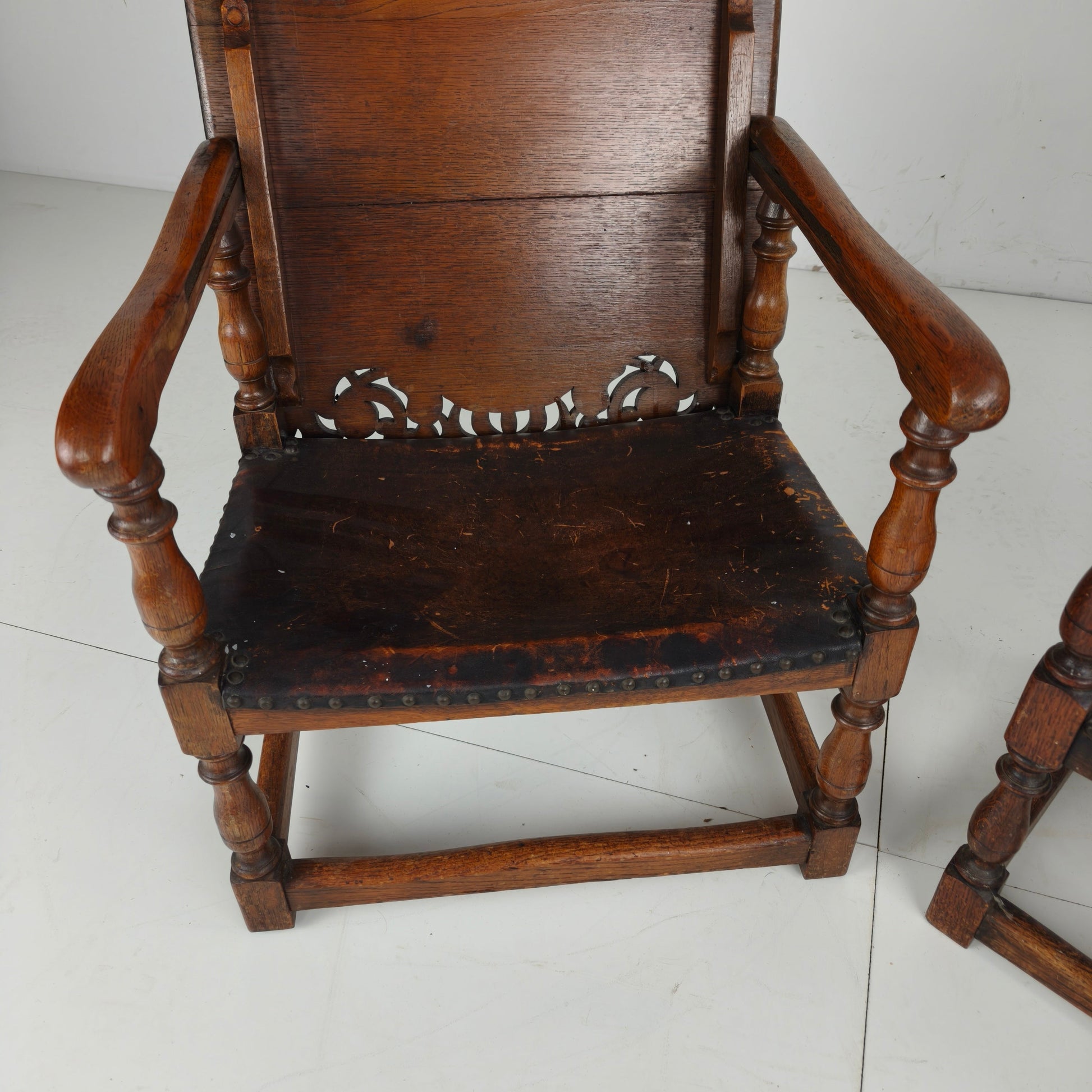 Pair of English Antique Jacobean Monk Armchairs / Tables by F. Parker & Sons Ltd Pair of English Antique Jacobean Monk Armchairs / Tables by F. Parker & Sons Ltd