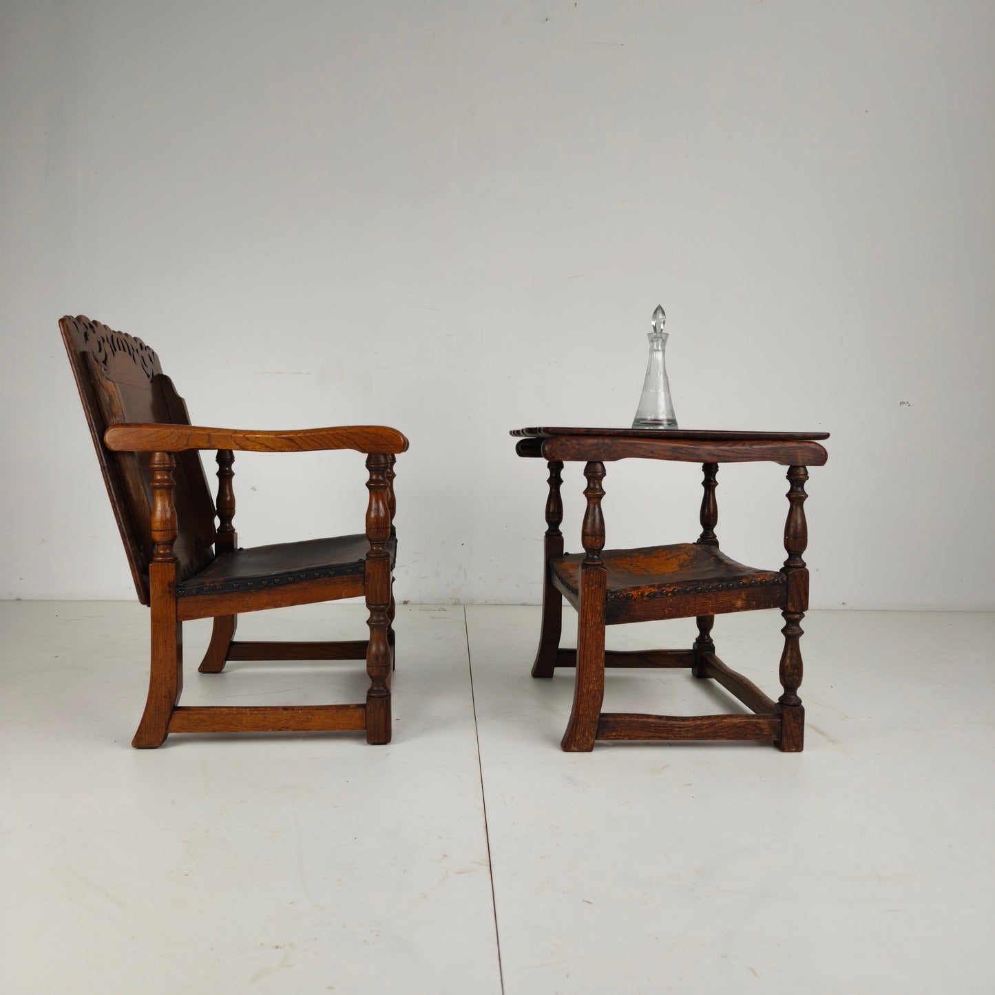 Pair of English Antique Jacobean Monk Armchairs / Tables by F. Parker & Sons Ltd Pair of English Antique Jacobean Monk Armchairs / Tables by F. Parker & Sons Ltd