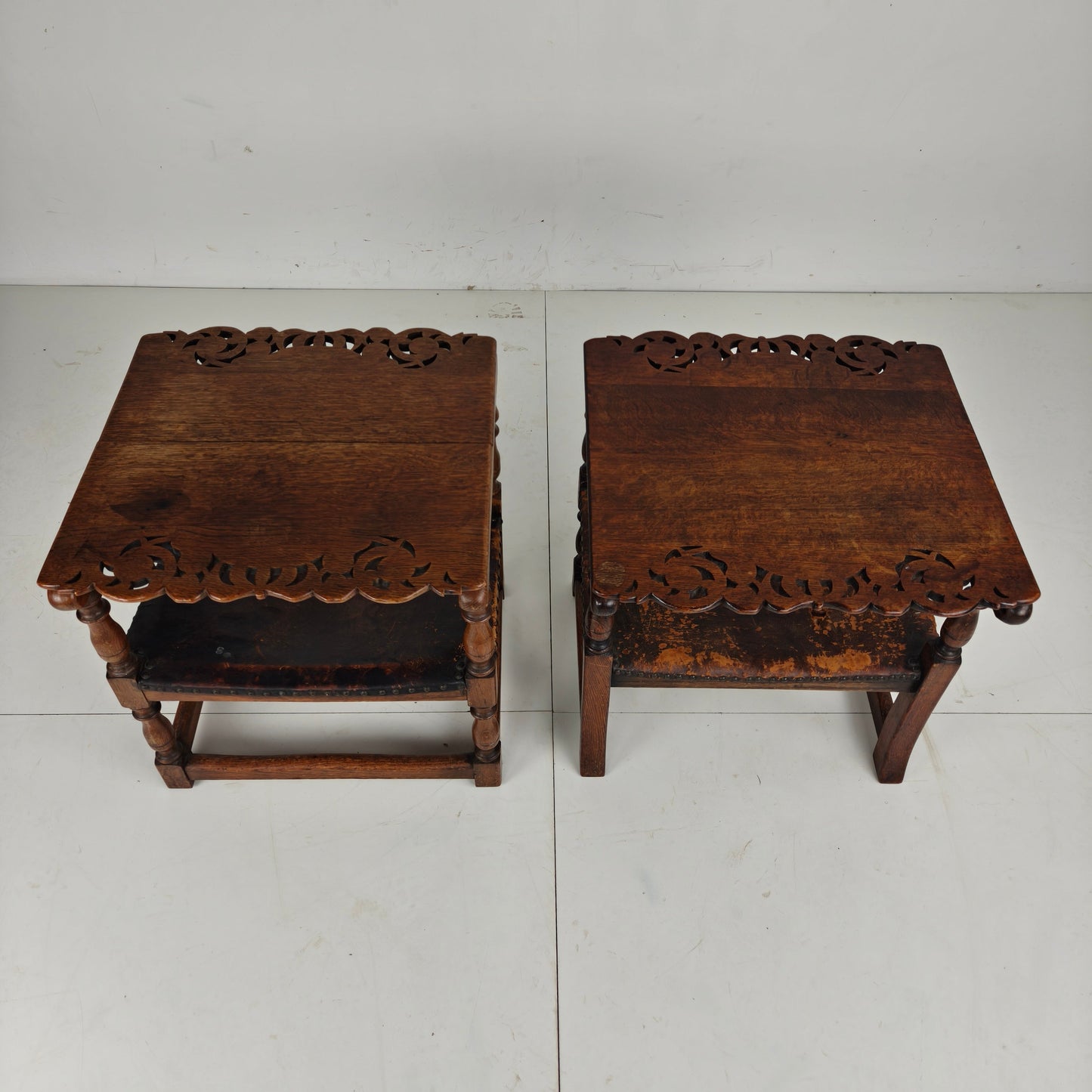 Pair of English Antique Jacobean Monk Armchairs / Tables by F. Parker & Sons Ltd Pair of English Antique Jacobean Monk Armchairs / Tables by F. Parker & Sons Ltd