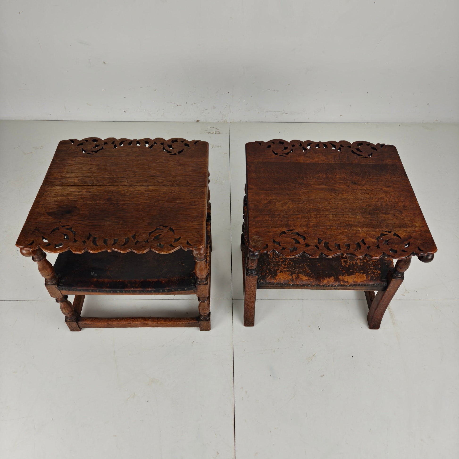 Pair of English Antique Jacobean Monk Armchairs / Tables by F. Parker & Sons Ltd Pair of English Antique Jacobean Monk Armchairs / Tables by F. Parker & Sons Ltd