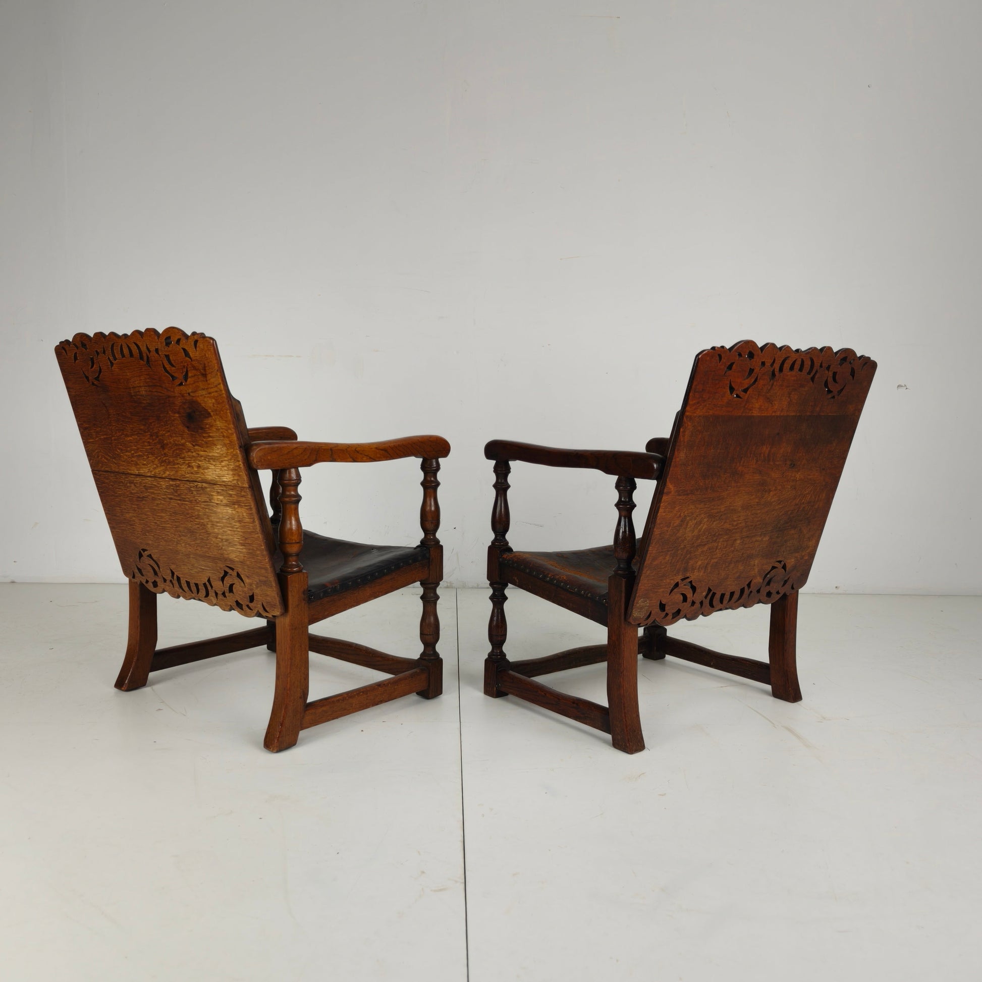 Pair of English Antique Jacobean Monk Armchairs / Tables by F. Parker & Sons Ltd Pair of English Antique Jacobean Monk Armchairs / Tables by F. Parker & Sons Ltd