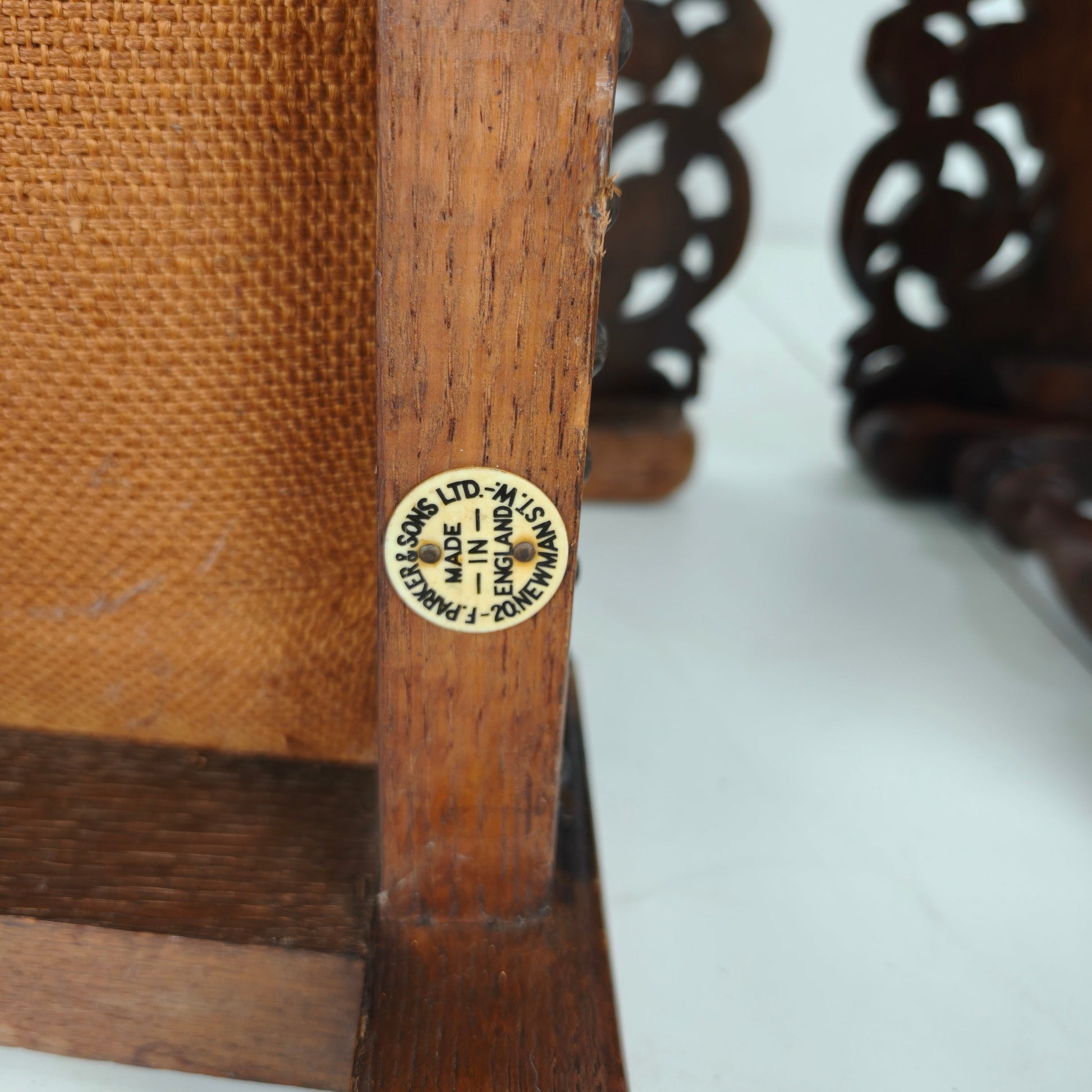 Pair of English Antique Jacobean Monk Armchairs / Tables by F. Parker & Sons Ltd Pair of English Antique Jacobean Monk Armchairs / Tables by F. Parker & Sons Ltd