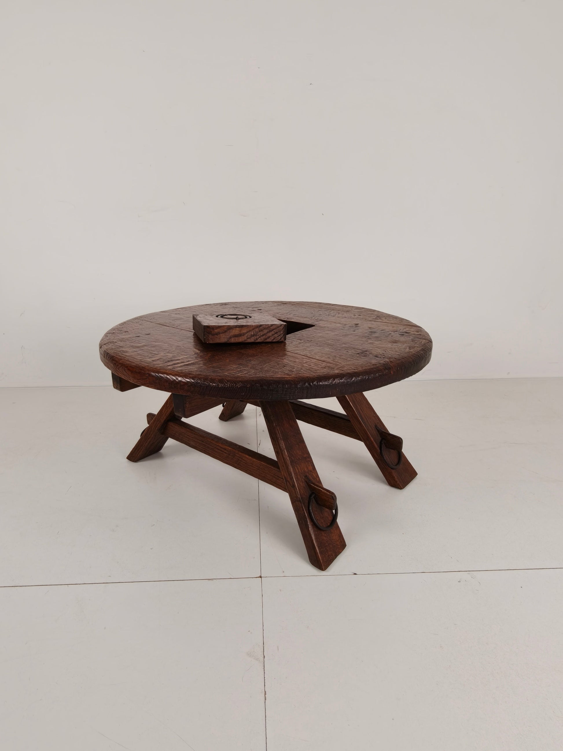 Rustic Oak Brutalist round Coffee table France 1960s Mid-20th Century Rustic Oak Brutalist round Coffee table France 1960s Mid-20th Century