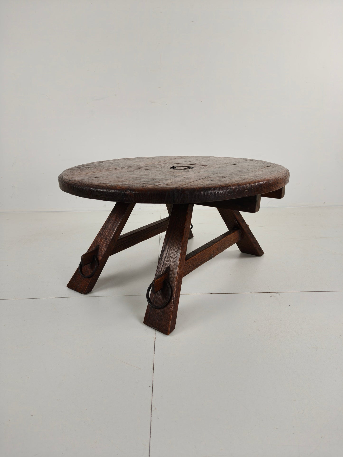 Rustic Oak Brutalist round Coffee table France 1960s Mid-20th Century Rustic Oak Brutalist round Coffee table France 1960s Mid-20th Century