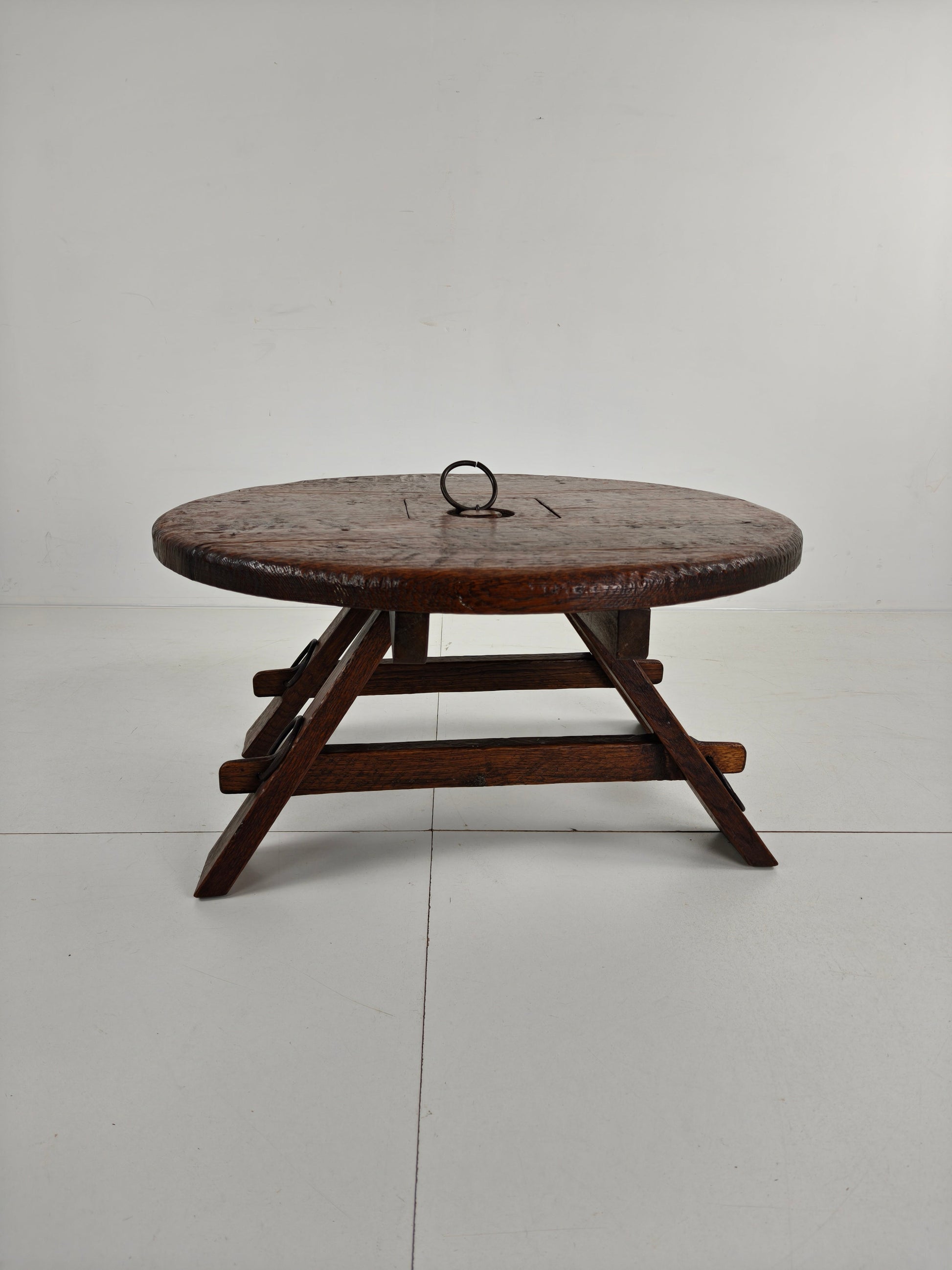 Rustic Oak Brutalist round Coffee table France 1960s Mid-20th Century Rustic Oak Brutalist round Coffee table France 1960s Mid-20th Century