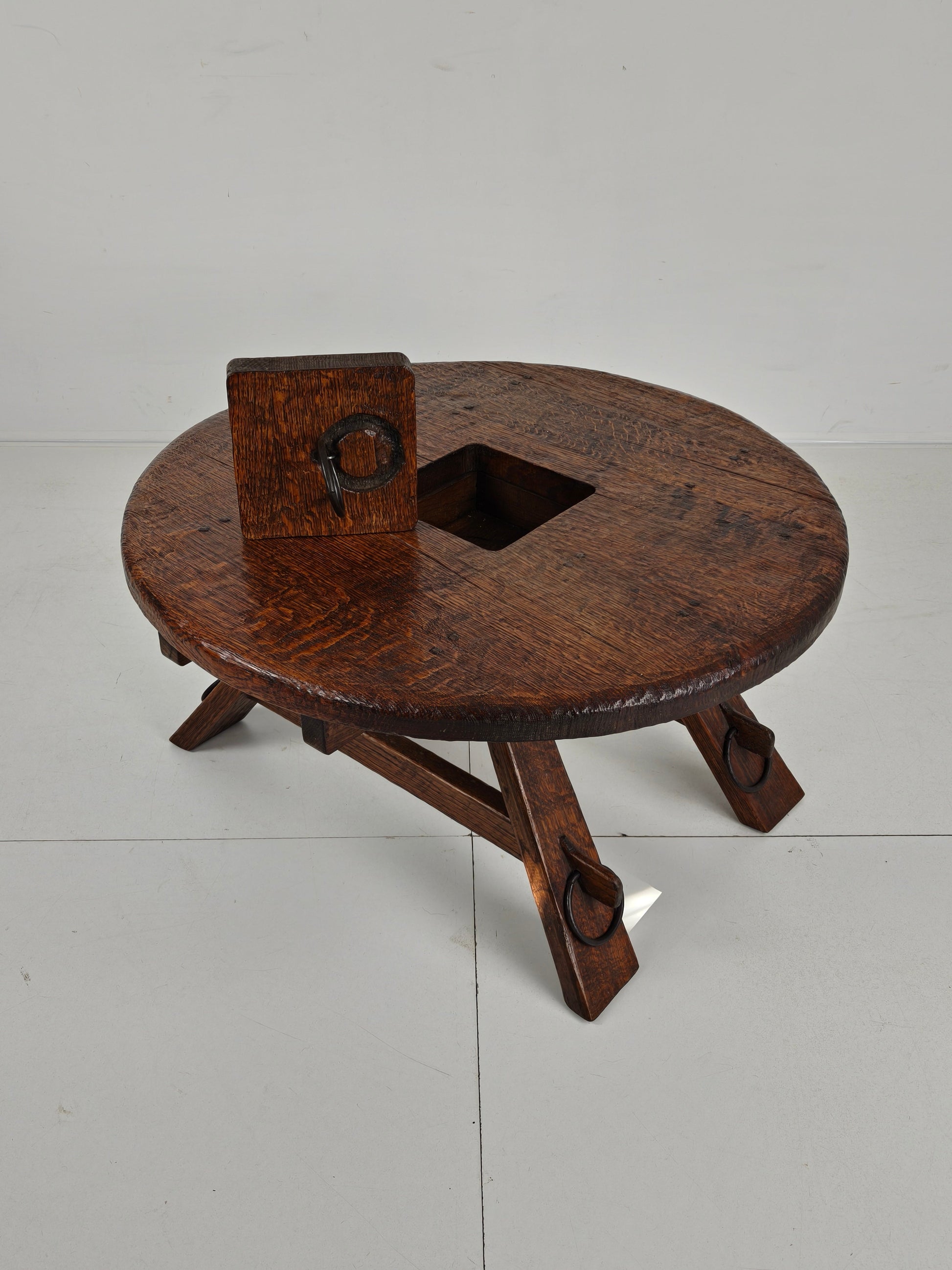 Rustic Oak Brutalist round Coffee table France 1960s Mid-20th Century Rustic Oak Brutalist round Coffee table France 1960s Mid-20th Century