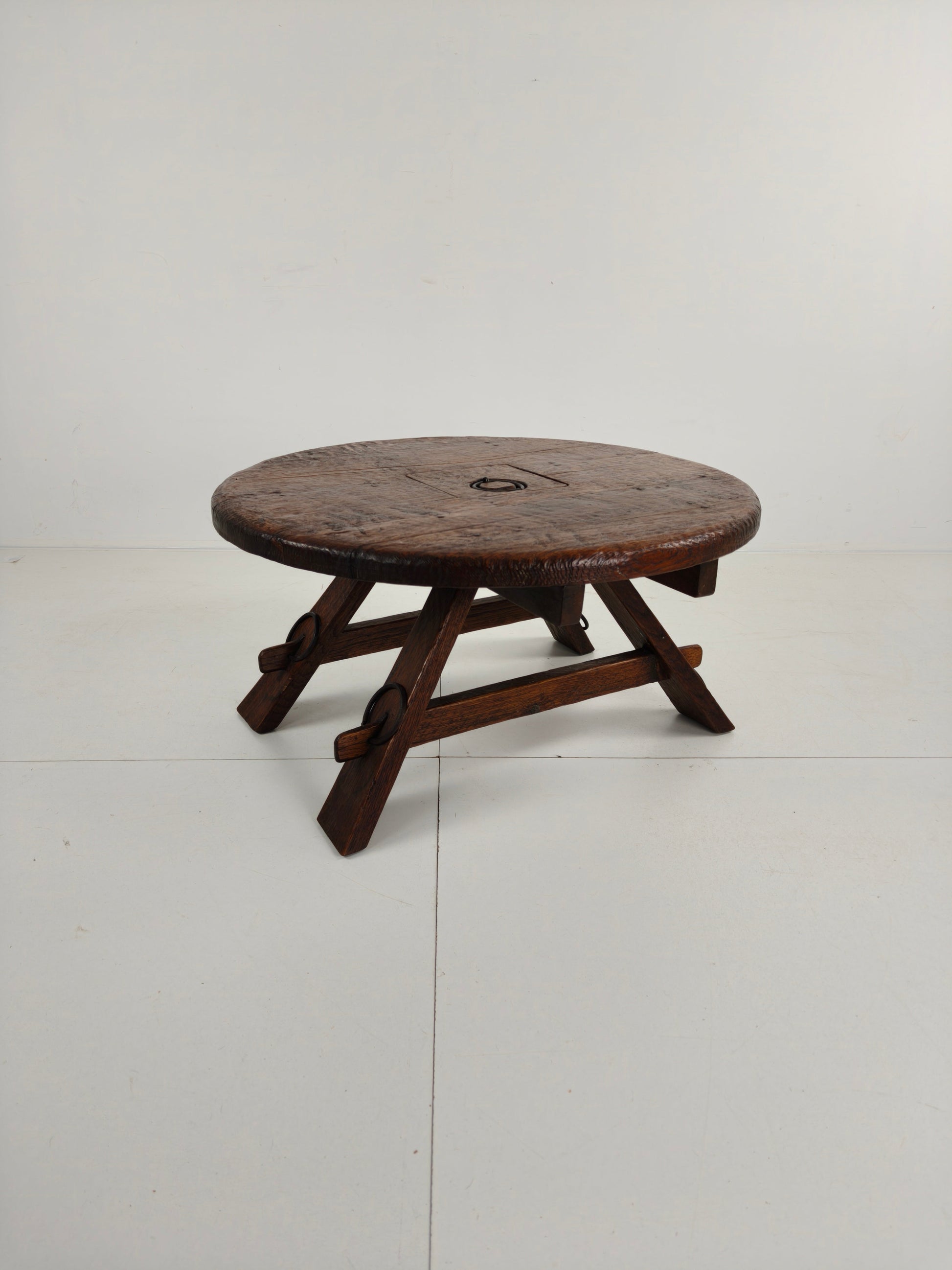 Rustic Oak Brutalist round Coffee table France 1960s Mid-20th Century Rustic Oak Brutalist round Coffee table France 1960s Mid-20th Century