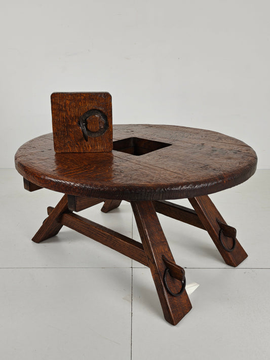 Rustic Oak Brutalist round Coffee table France 1960s Mid-20th Century Rustic Oak Brutalist round Coffee table France 1960s Mid-20th Century