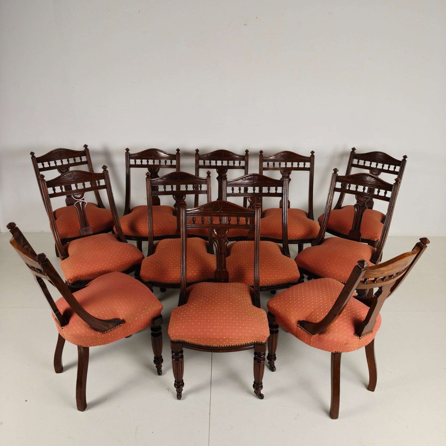 Set of 12 Late Victorian Walnut Dining Chairs with Original Castors Set of 12 Late Victorian Walnut Dining Chairs with Original Castors