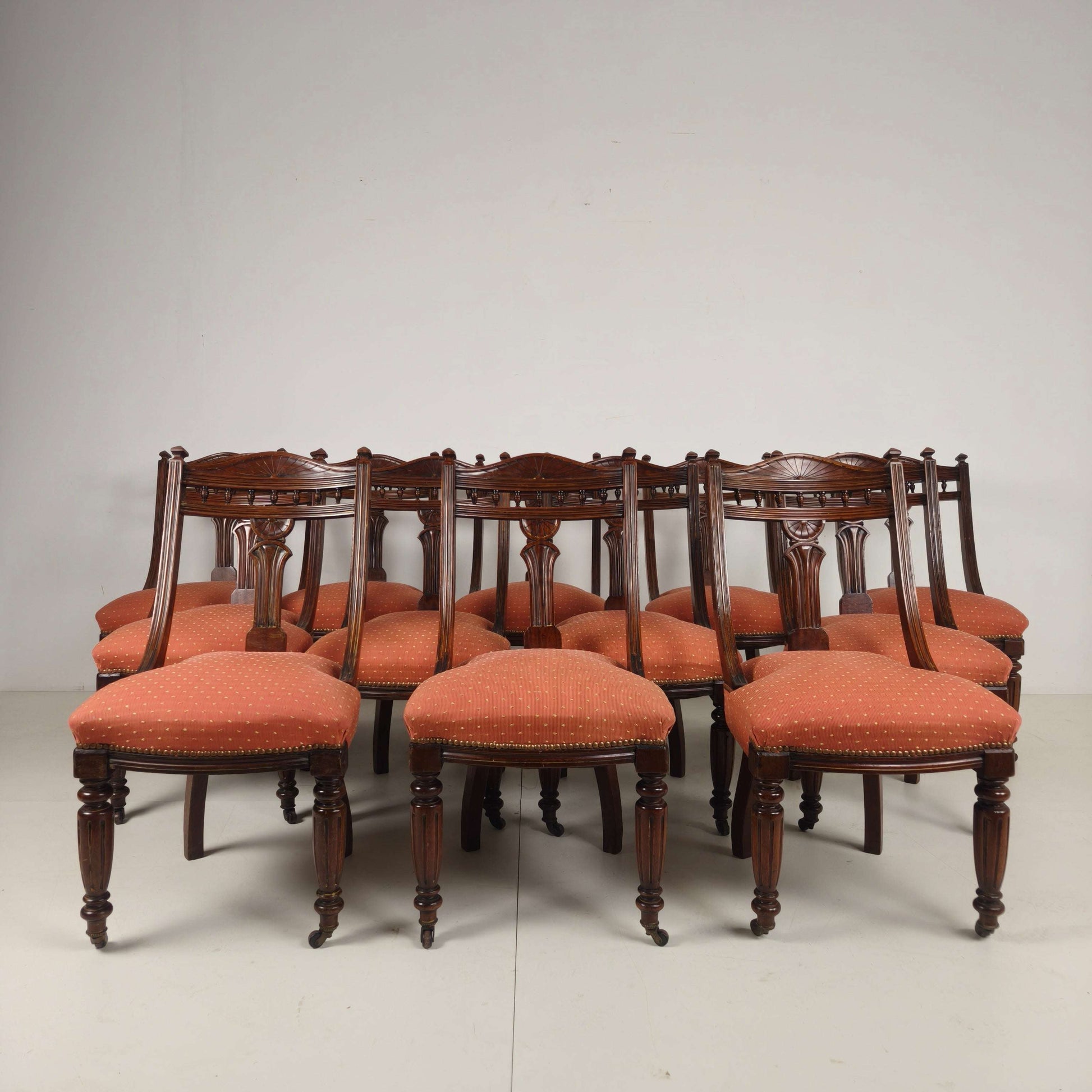 Set of 12 Late Victorian Walnut Dining Chairs with Original Castors Set of 12 Late Victorian Walnut Dining Chairs with Original Castors