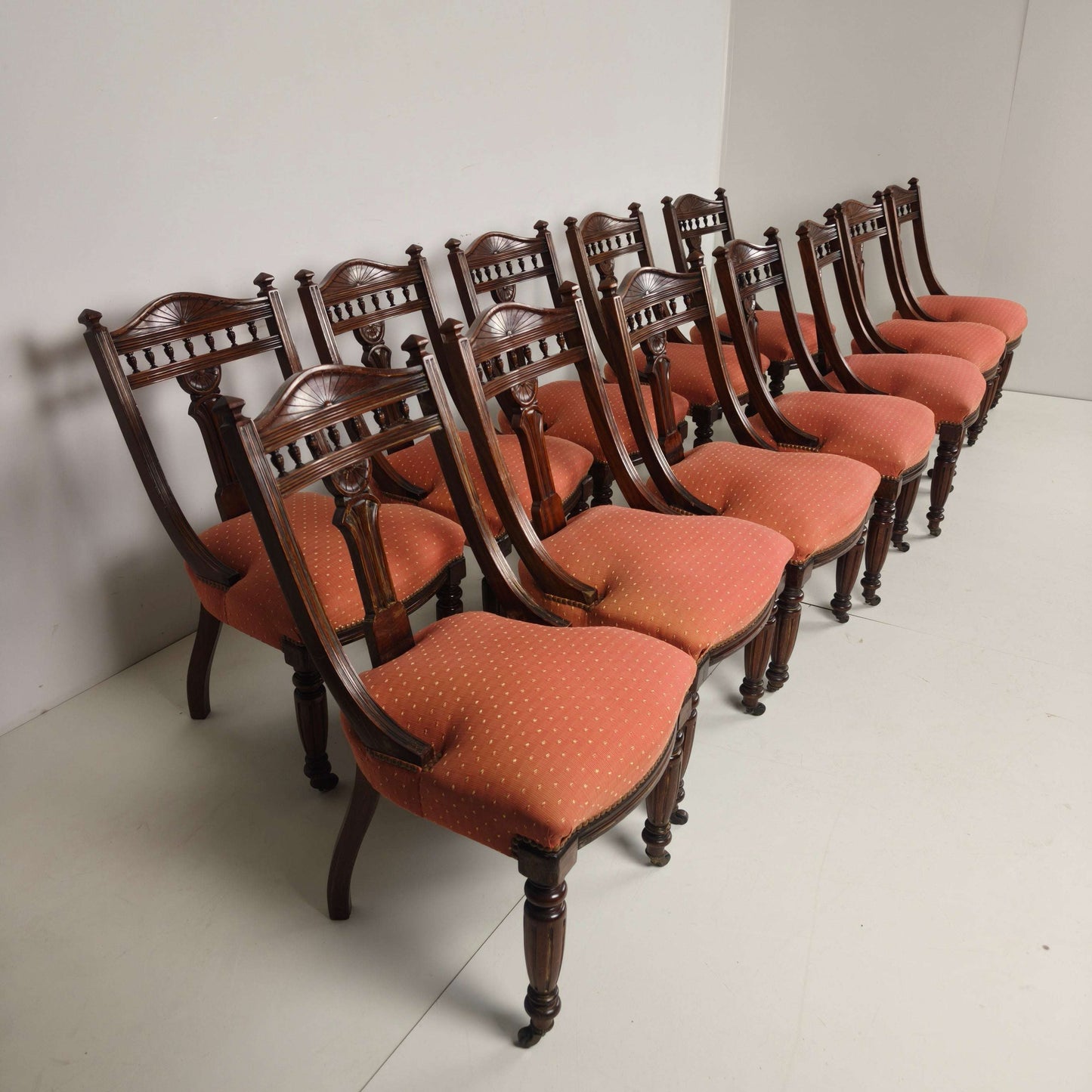 Set of 12 Late Victorian Walnut Dining Chairs with Original Castors Set of 12 Late Victorian Walnut Dining Chairs with Original Castors