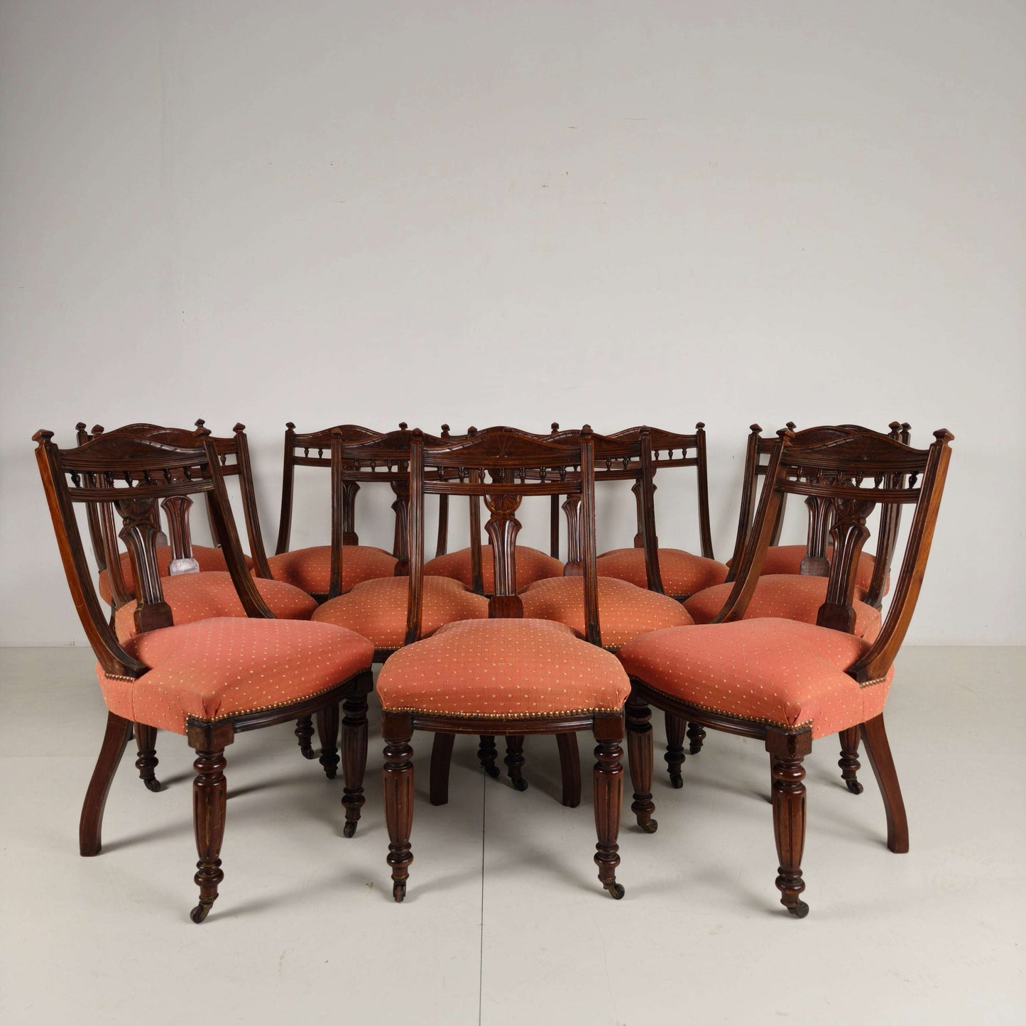Set of 12 Late Victorian Walnut Dining Chairs with Original Castors Set of 12 Late Victorian Walnut Dining Chairs with Original Castors
