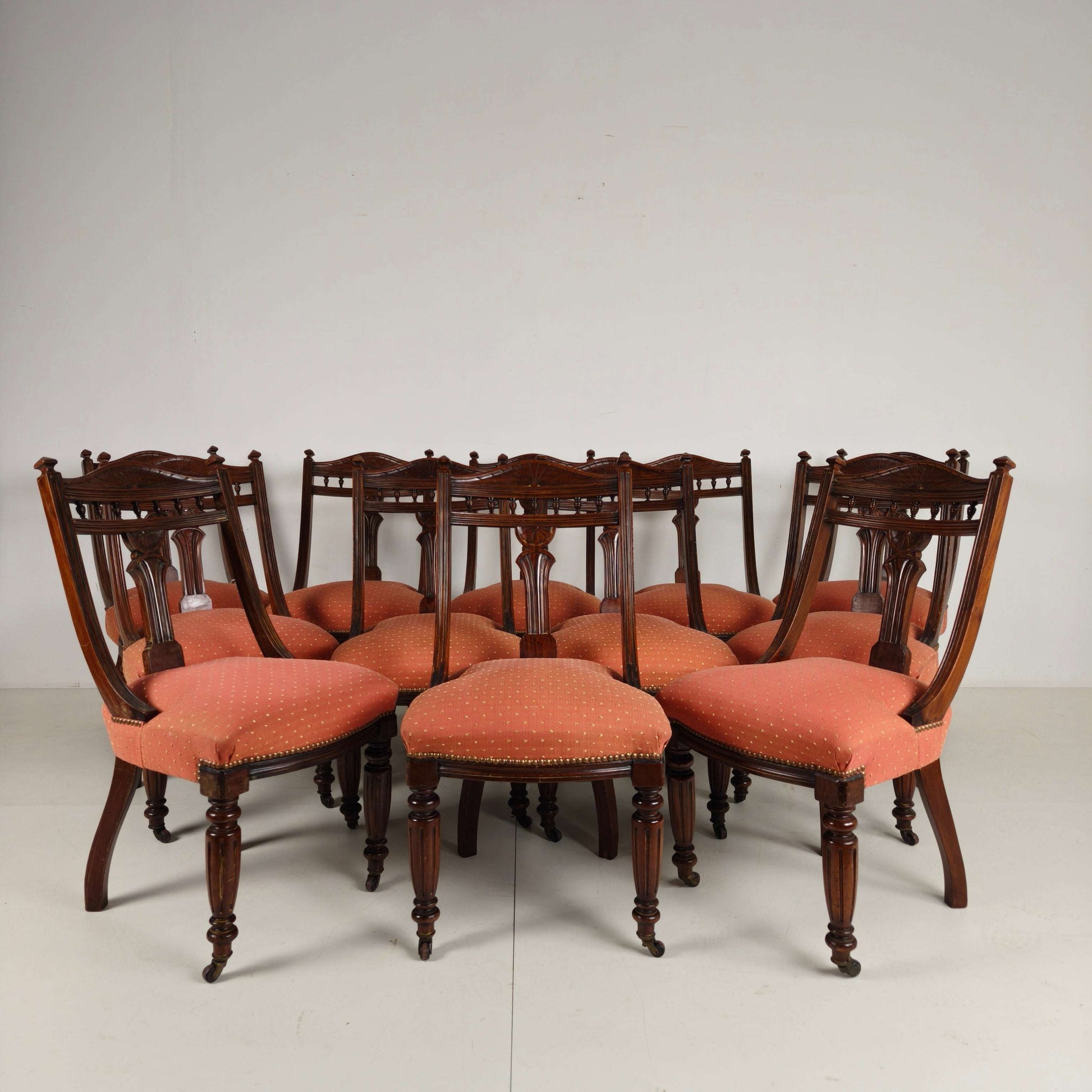 Set of 12 Late Victorian Walnut Dining Chairs with Original Castors Set of 12 Late Victorian Walnut Dining Chairs with Original Castors