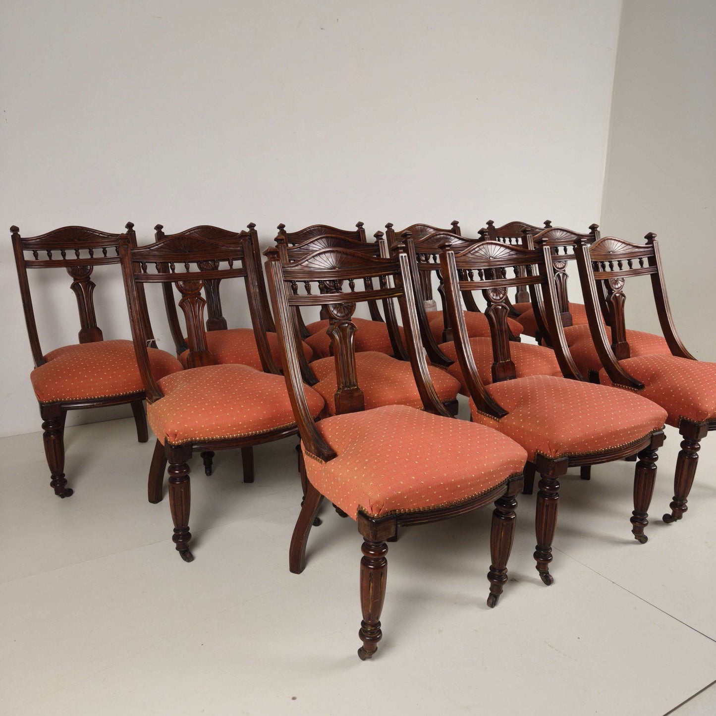 Set of 12 Late Victorian Walnut Dining Chairs with Original Castors Set of 12 Late Victorian Walnut Dining Chairs with Original Castors
