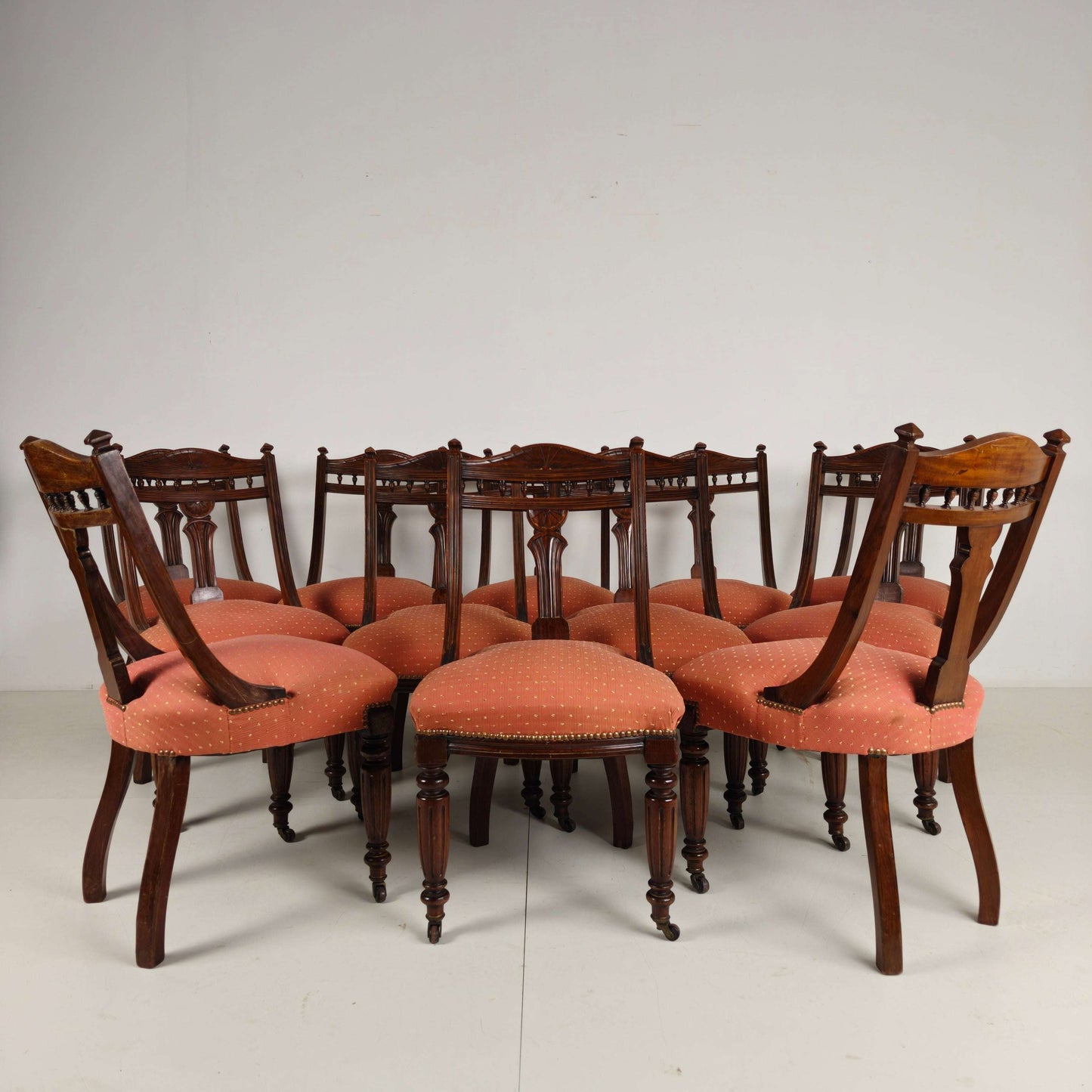 Set of 12 Late Victorian Walnut Dining Chairs with Original Castors Set of 12 Late Victorian Walnut Dining Chairs with Original Castors
