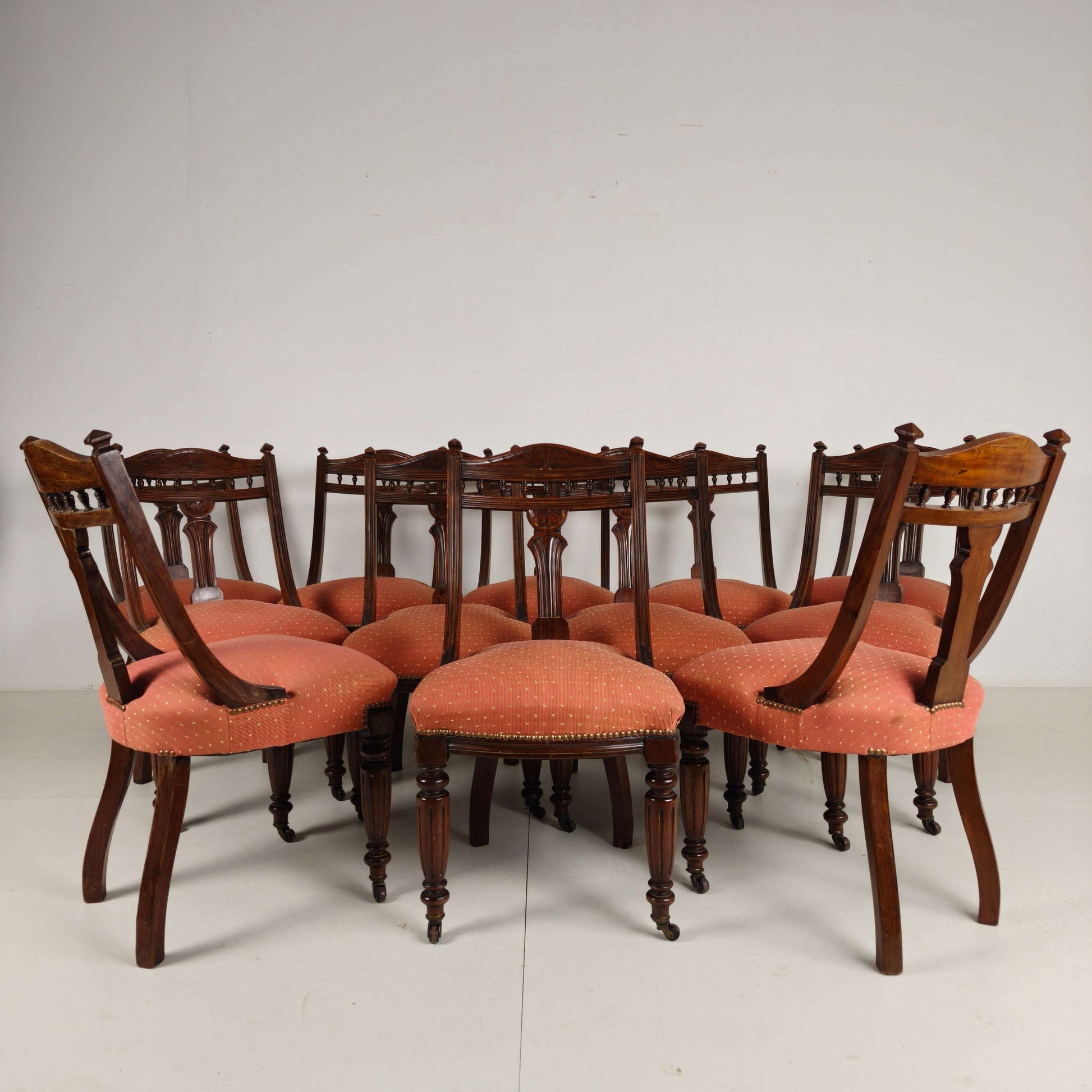 Set of 12 Late Victorian Walnut Dining Chairs with Original Castors Set of 12 Late Victorian Walnut Dining Chairs with Original Castors
