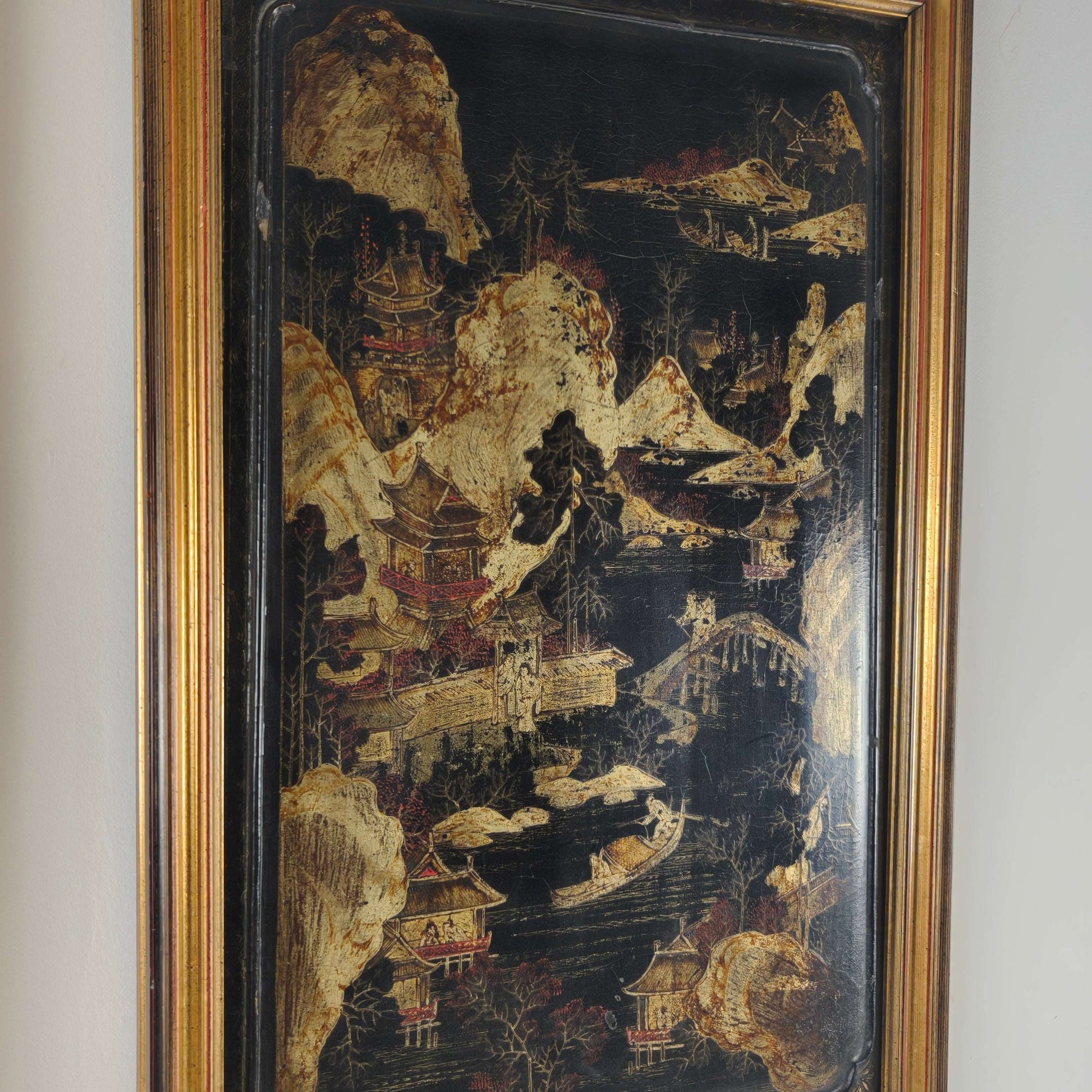 Striking Pair of 19th Century Chinoiserie Panels in Gilt Frames art Striking Pair of 19th Century Chinoiserie Panels in Gilt Frames art