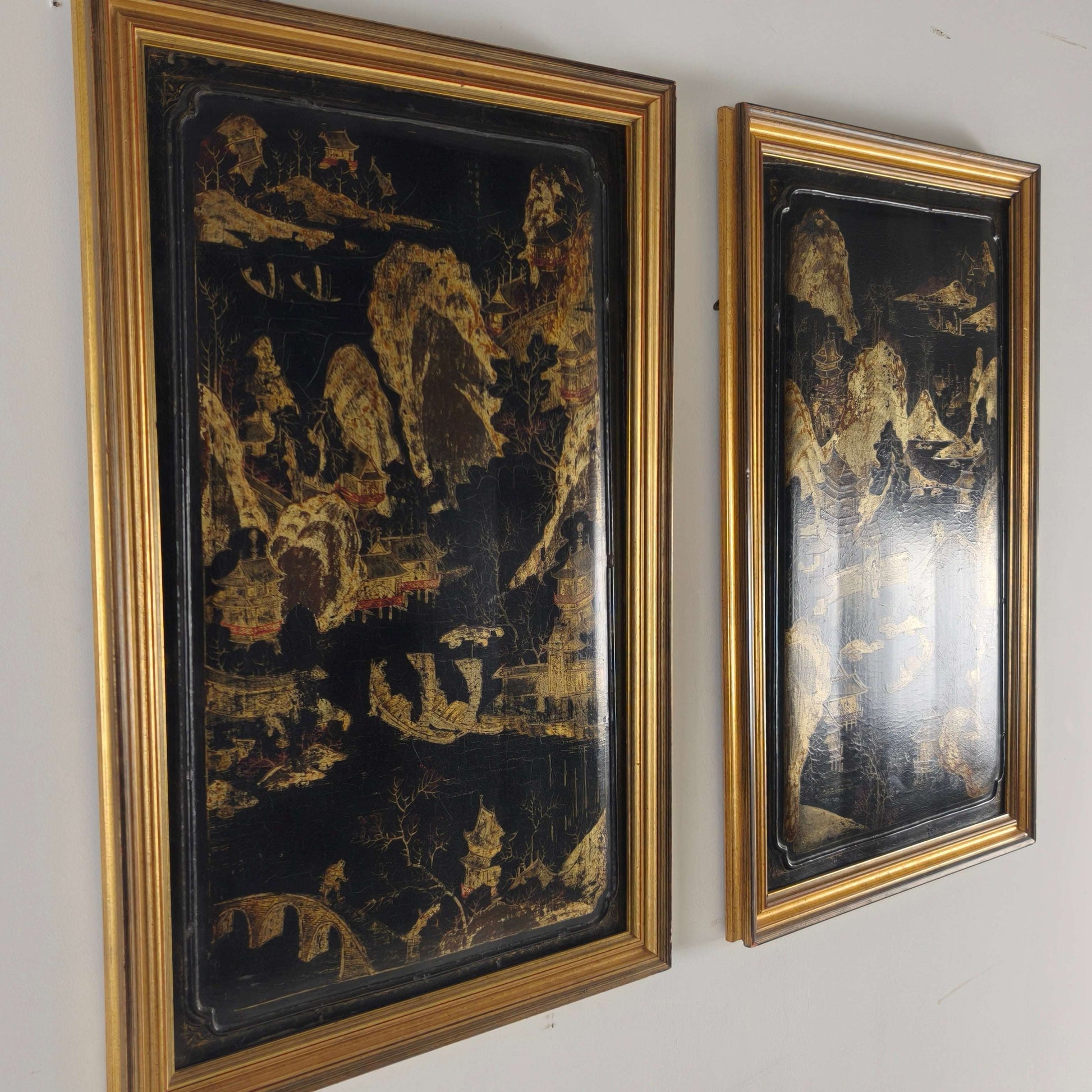 Striking Pair of 19th Century Chinoiserie Panels in Gilt Frames art Striking Pair of 19th Century Chinoiserie Panels in Gilt Frames art