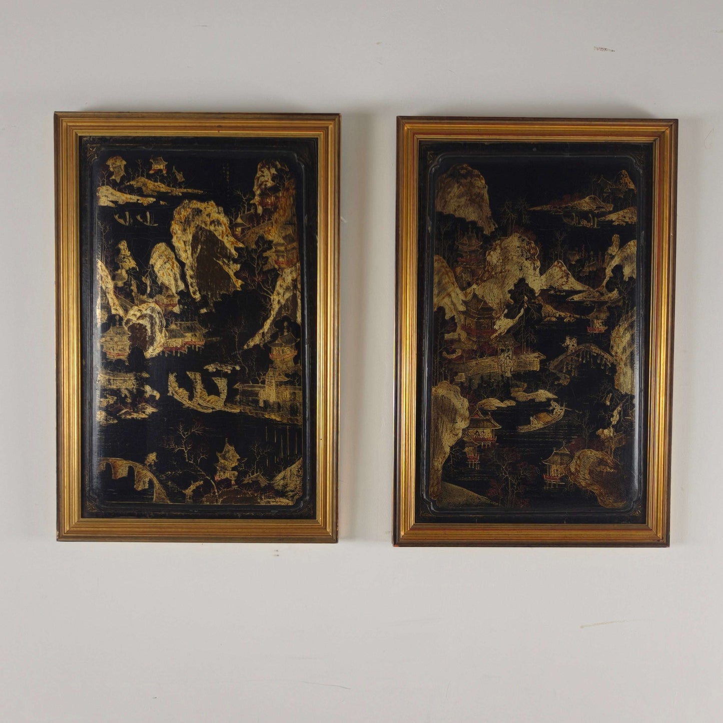 Striking Pair of 19th Century Chinoiserie Panels in Gilt Frames art Striking Pair of 19th Century Chinoiserie Panels in Gilt Frames art