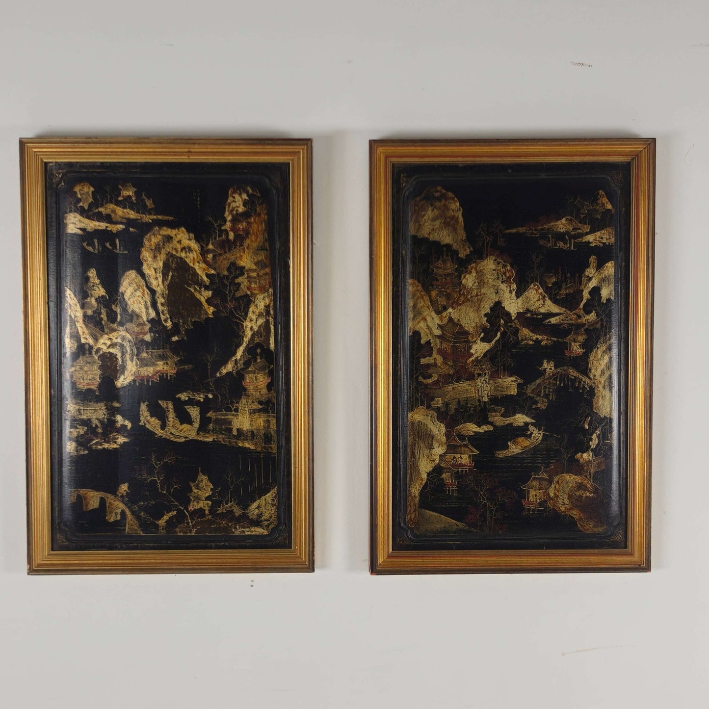 Striking Pair of 19th Century Chinoiserie Panels in Gilt Frames art Striking Pair of 19th Century Chinoiserie Panels in Gilt Frames art