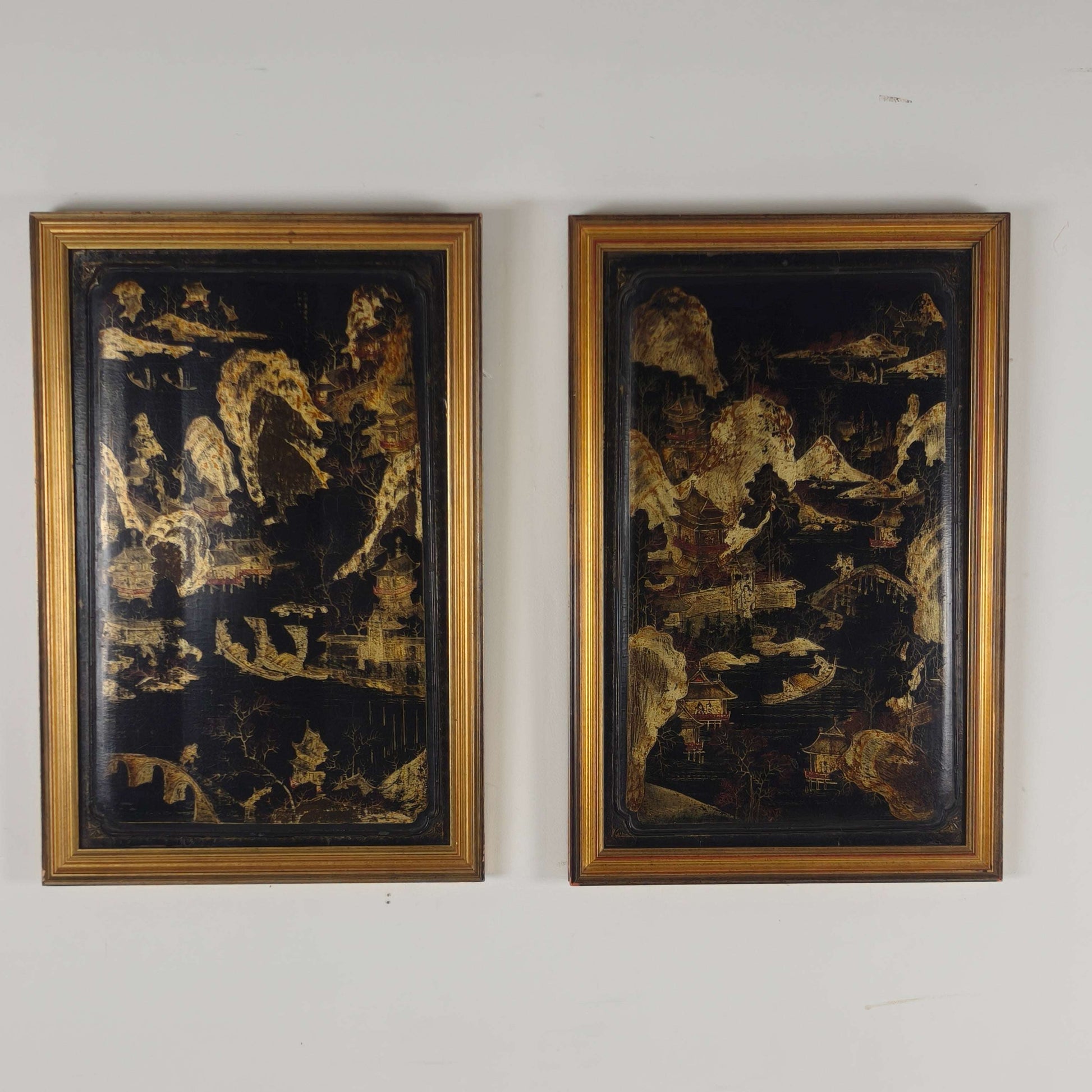 Striking Pair of 19th Century Chinoiserie Panels in Gilt Frames art Striking Pair of 19th Century Chinoiserie Panels in Gilt Frames art