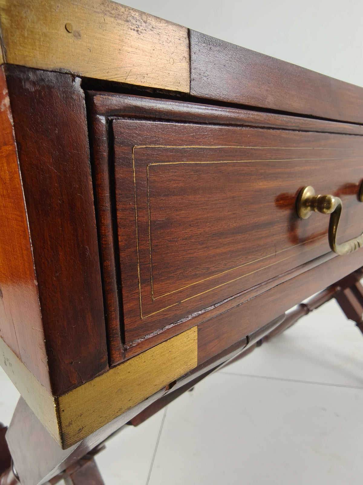 Vintage Anglo Indian Military Campaign Trestle Writing Desk With Brass Inlay Vintage Anglo Indian Military Campaign Trestle Writing Desk With Brass Inlay