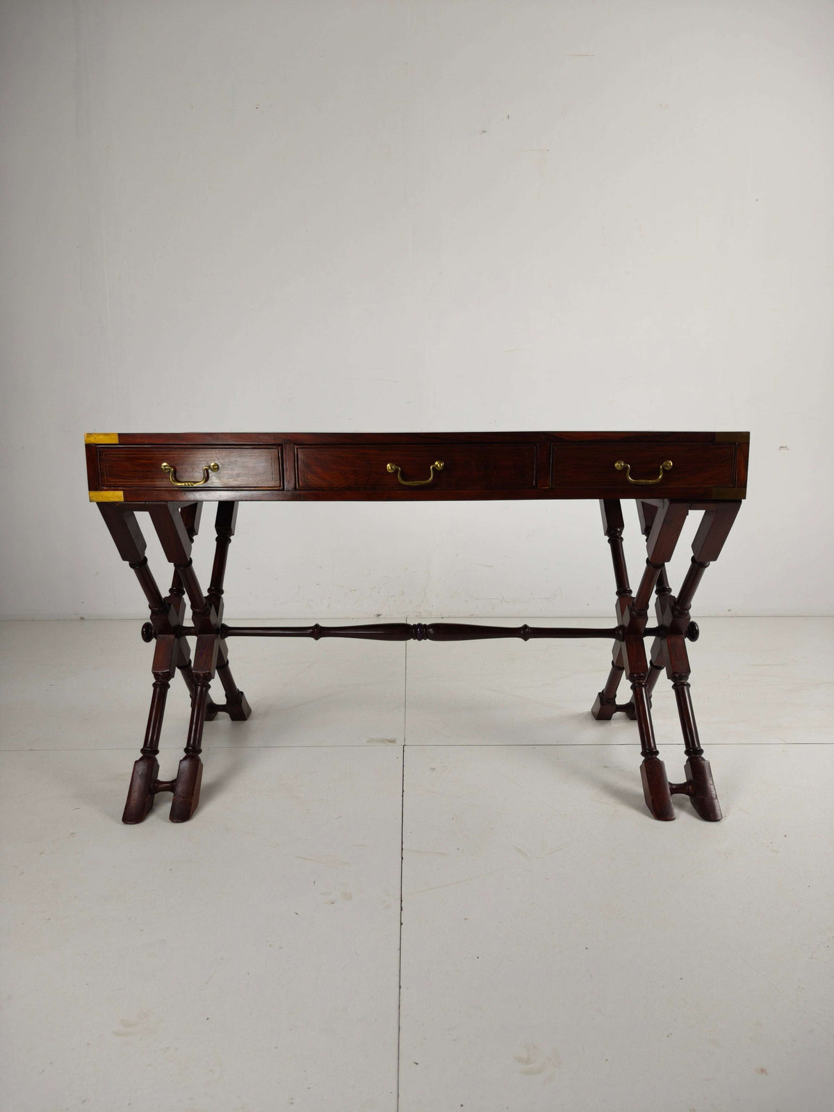 Vintage Anglo Indian Military Campaign Trestle Writing Desk With Brass Inlay Vintage Anglo Indian Military Campaign Trestle Writing Desk With Brass Inlay