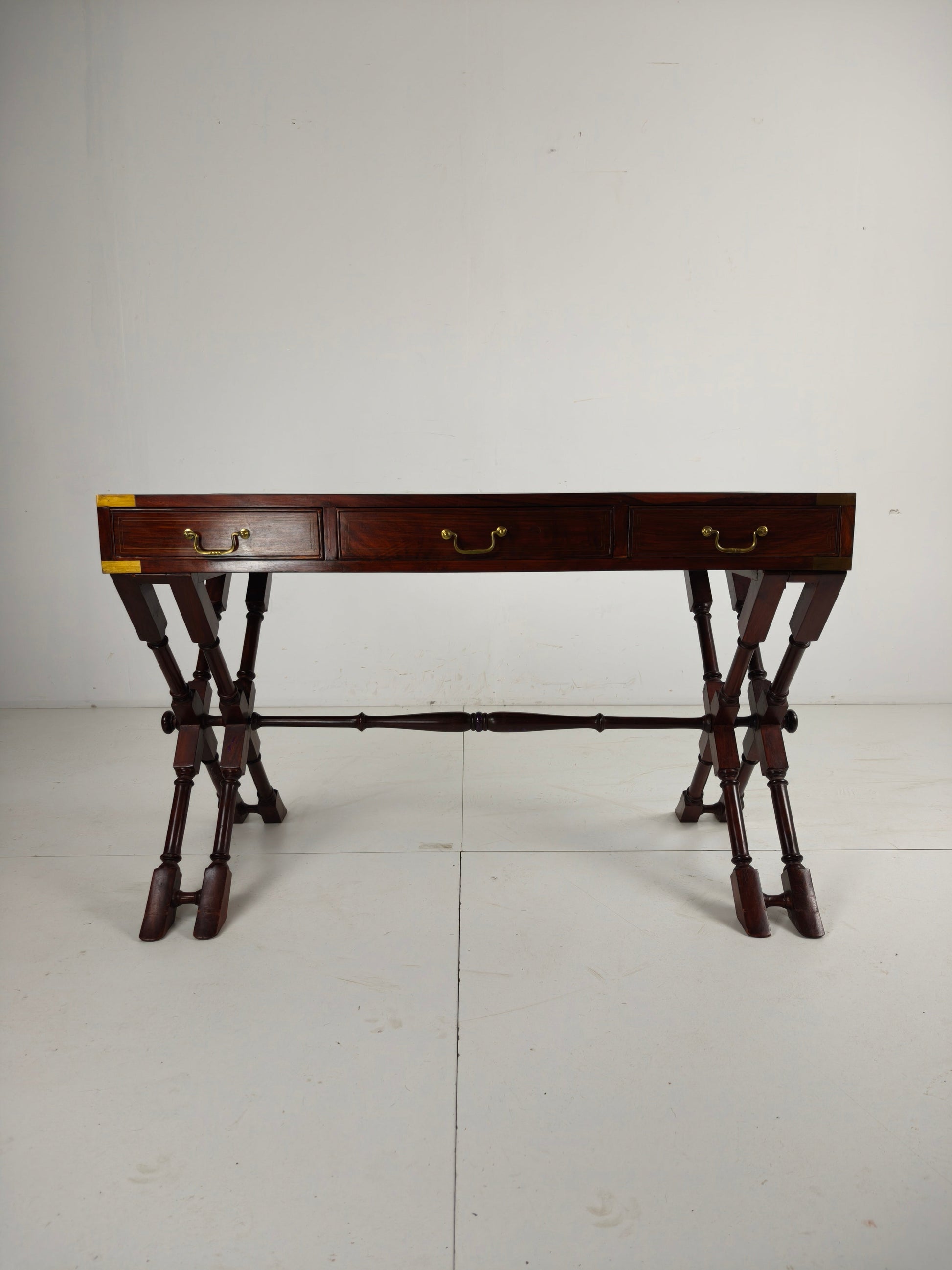 Vintage Anglo Indian Military Campaign Trestle Writing Desk With Brass Inlay Vintage Anglo Indian Military Campaign Trestle Writing Desk With Brass Inlay