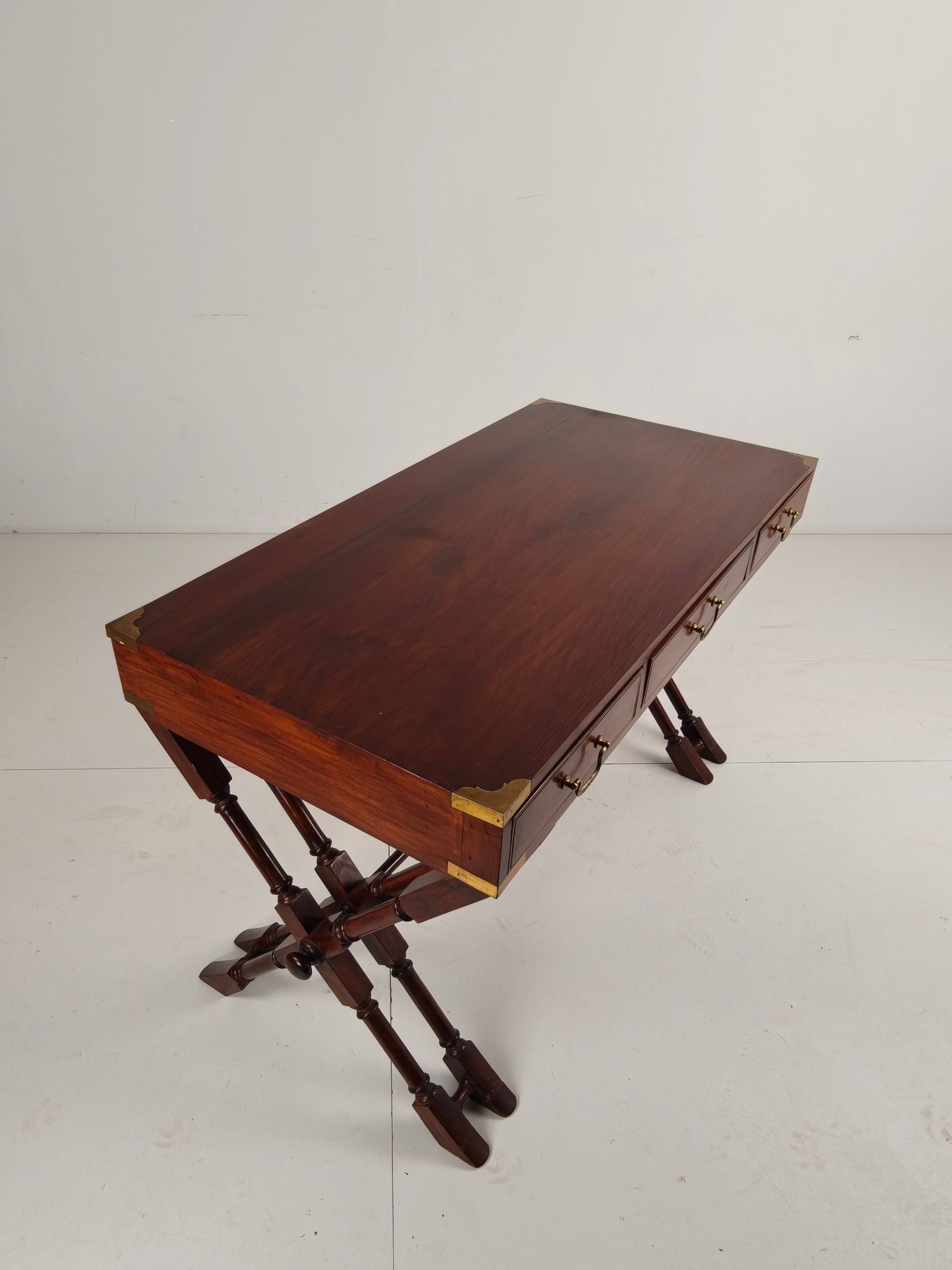 Vintage Anglo Indian Military Campaign Trestle Writing Desk With Brass Inlay Vintage Anglo Indian Military Campaign Trestle Writing Desk With Brass Inlay