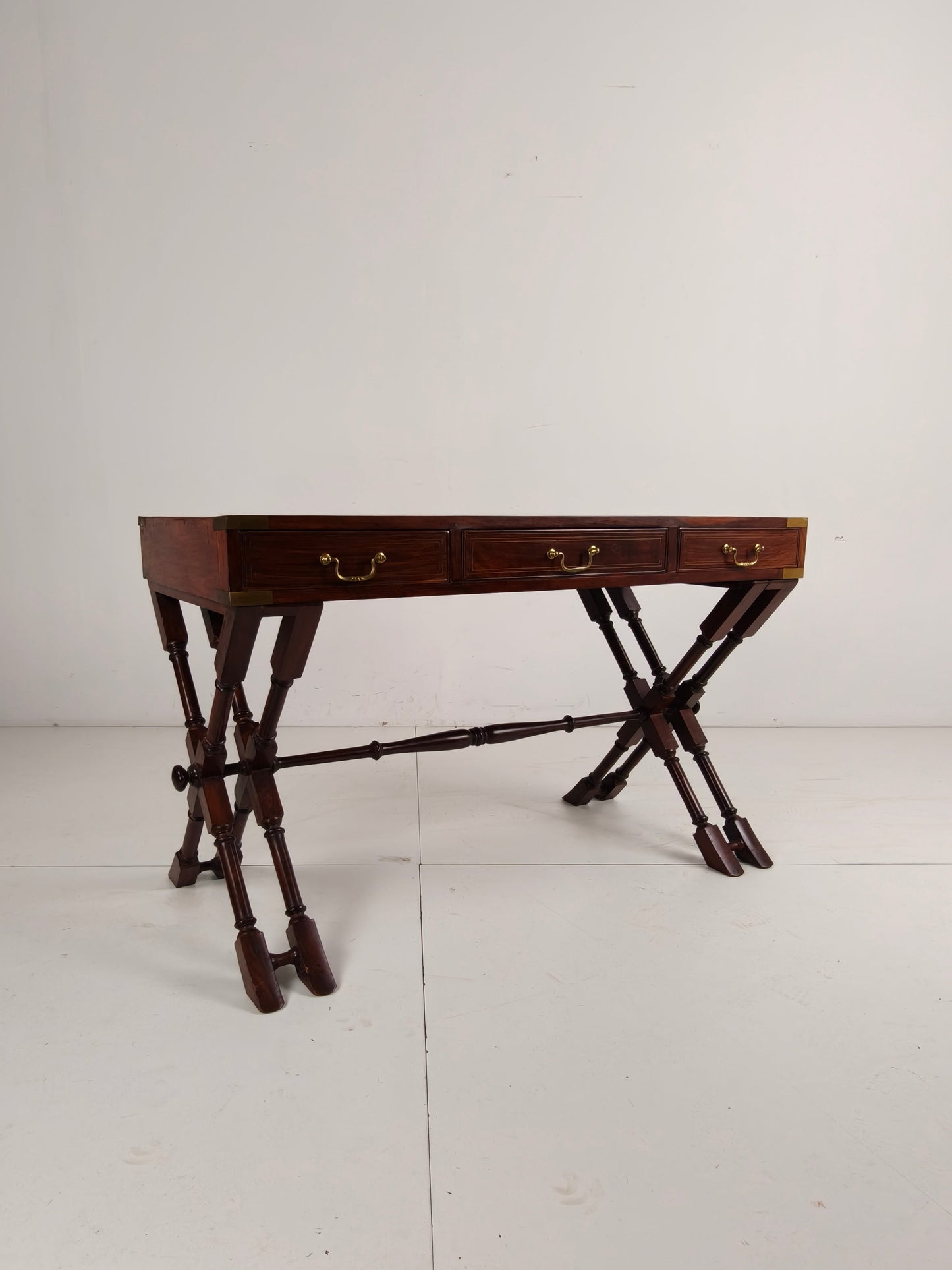 Vintage Anglo Indian Military Campaign Trestle Writing Desk With Brass Inlay Vintage Anglo Indian Military Campaign Trestle Writing Desk With Brass Inlay