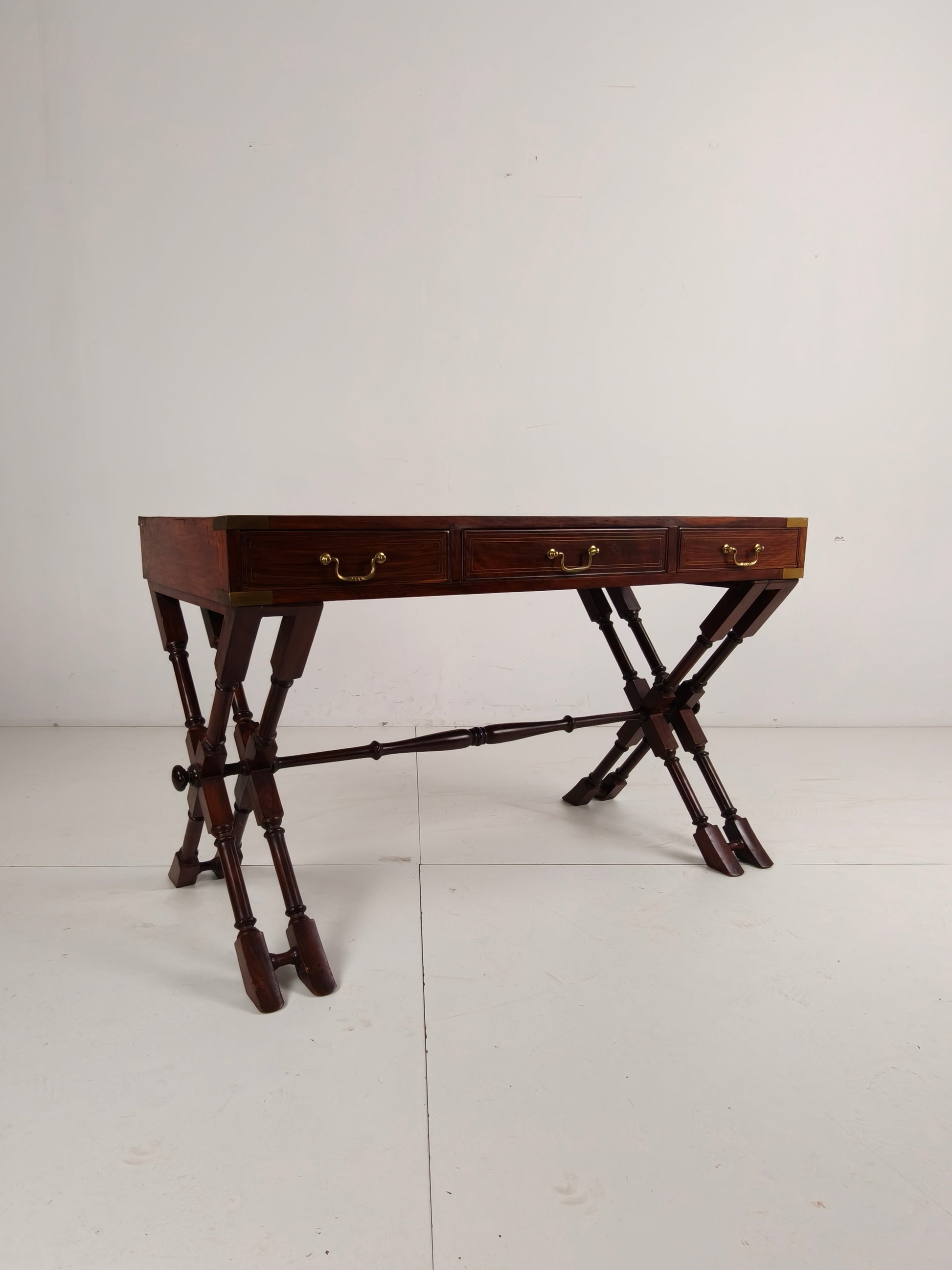 Vintage Anglo Indian Military Campaign Trestle Writing Desk With Brass Inlay Vintage Anglo Indian Military Campaign Trestle Writing Desk With Brass Inlay