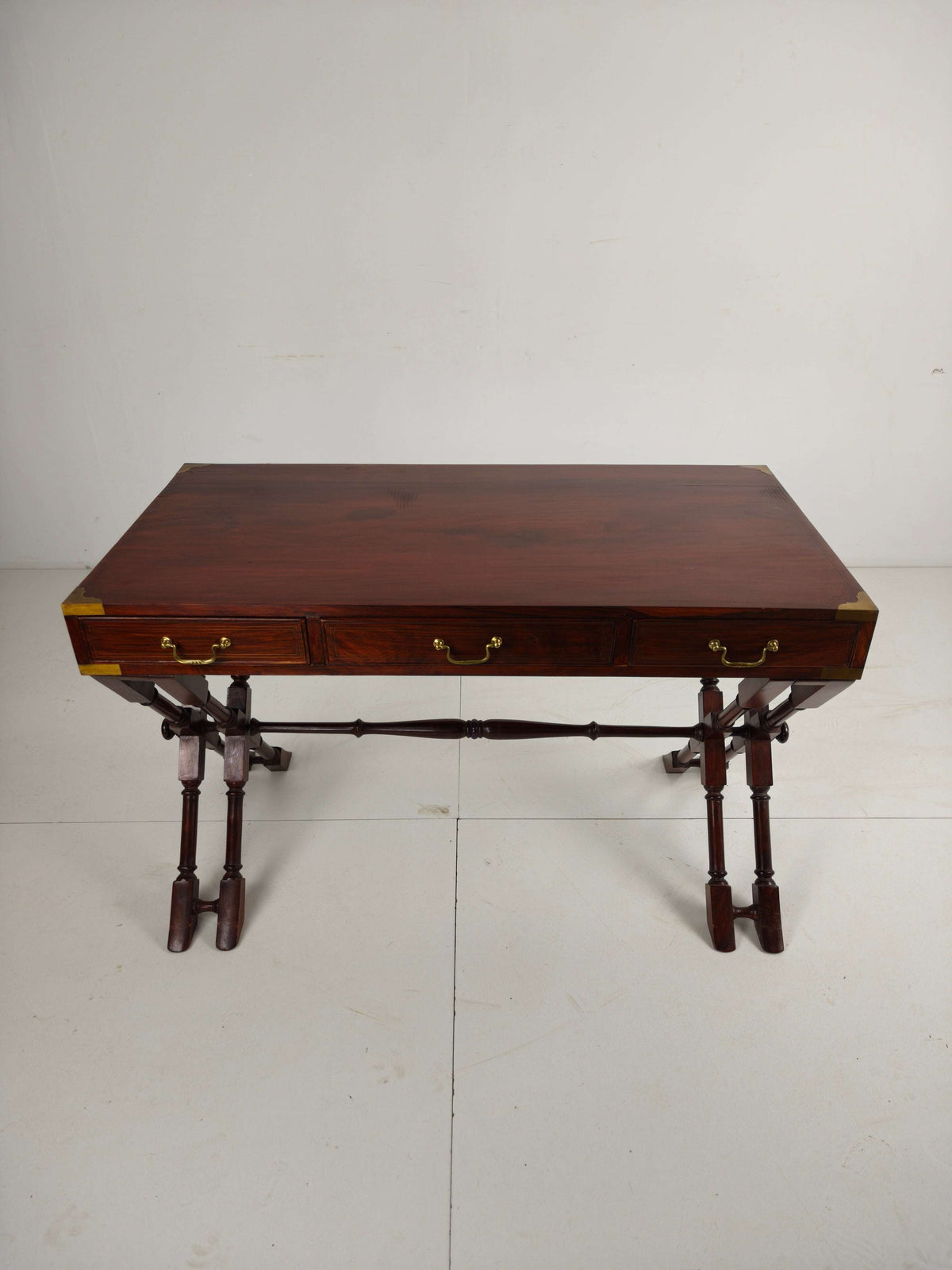 Vintage Anglo Indian Military Campaign Trestle Writing Desk With Brass Inlay Vintage Anglo Indian Military Campaign Trestle Writing Desk With Brass Inlay