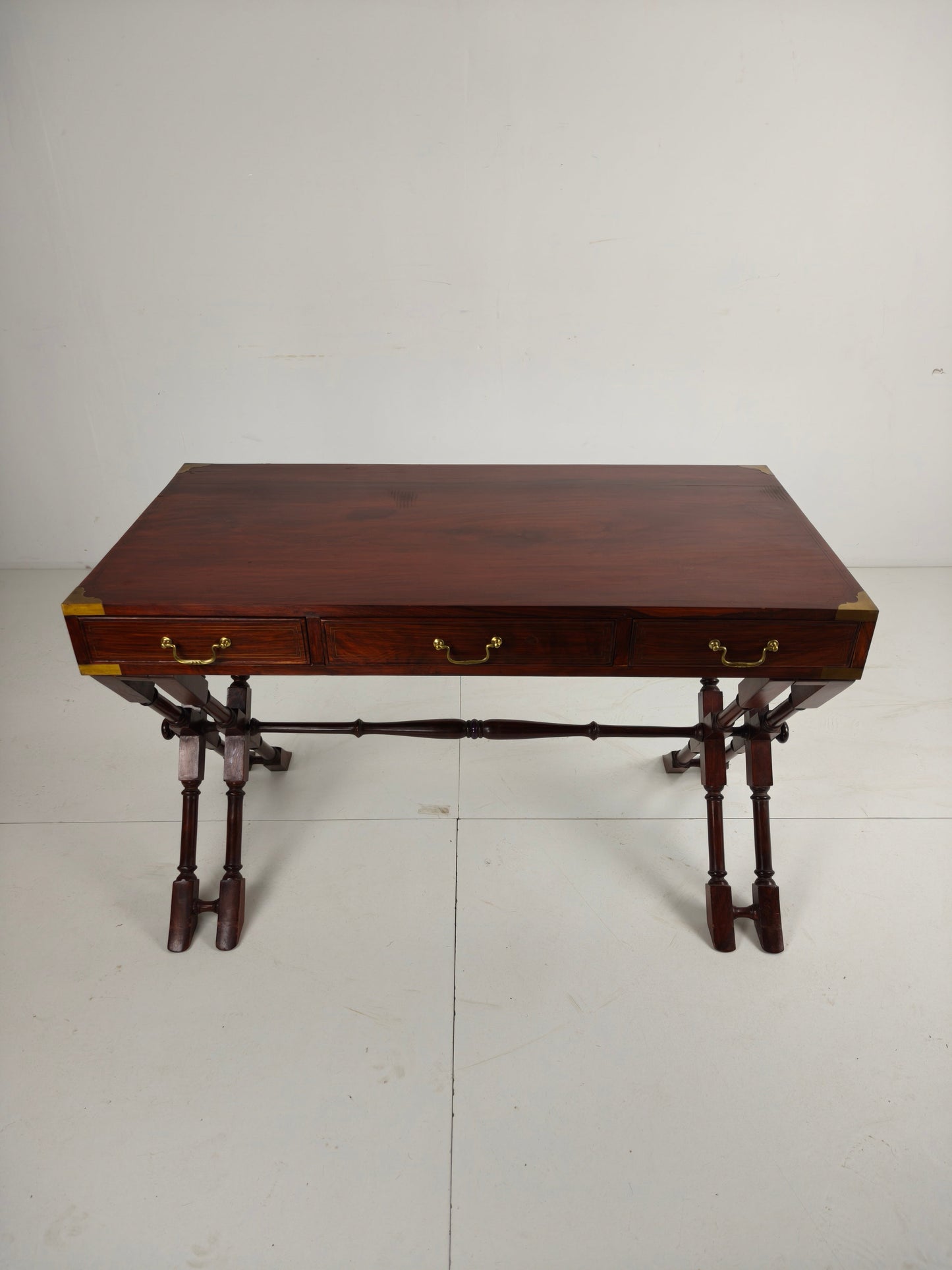 Vintage Anglo Indian Military Campaign Trestle Writing Desk With Brass Inlay Vintage Anglo Indian Military Campaign Trestle Writing Desk With Brass Inlay