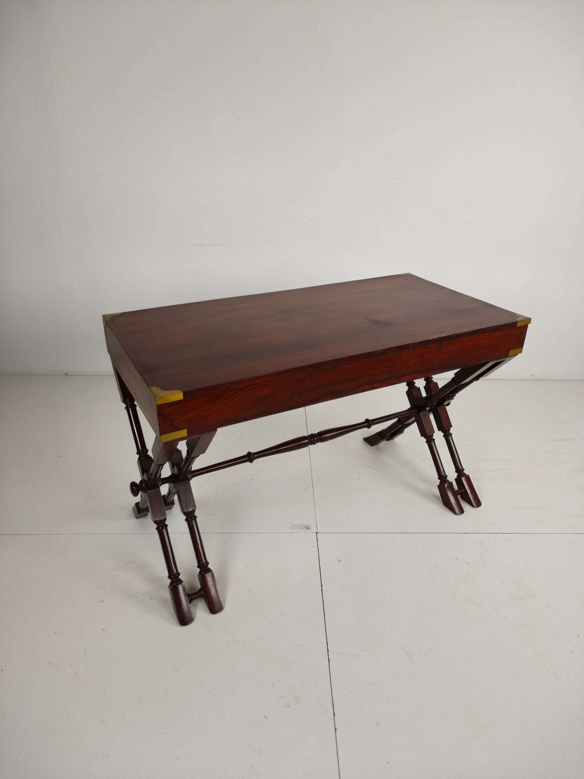 Vintage Anglo Indian Military Campaign Trestle Writing Desk With Brass Inlay Vintage Anglo Indian Military Campaign Trestle Writing Desk With Brass Inlay