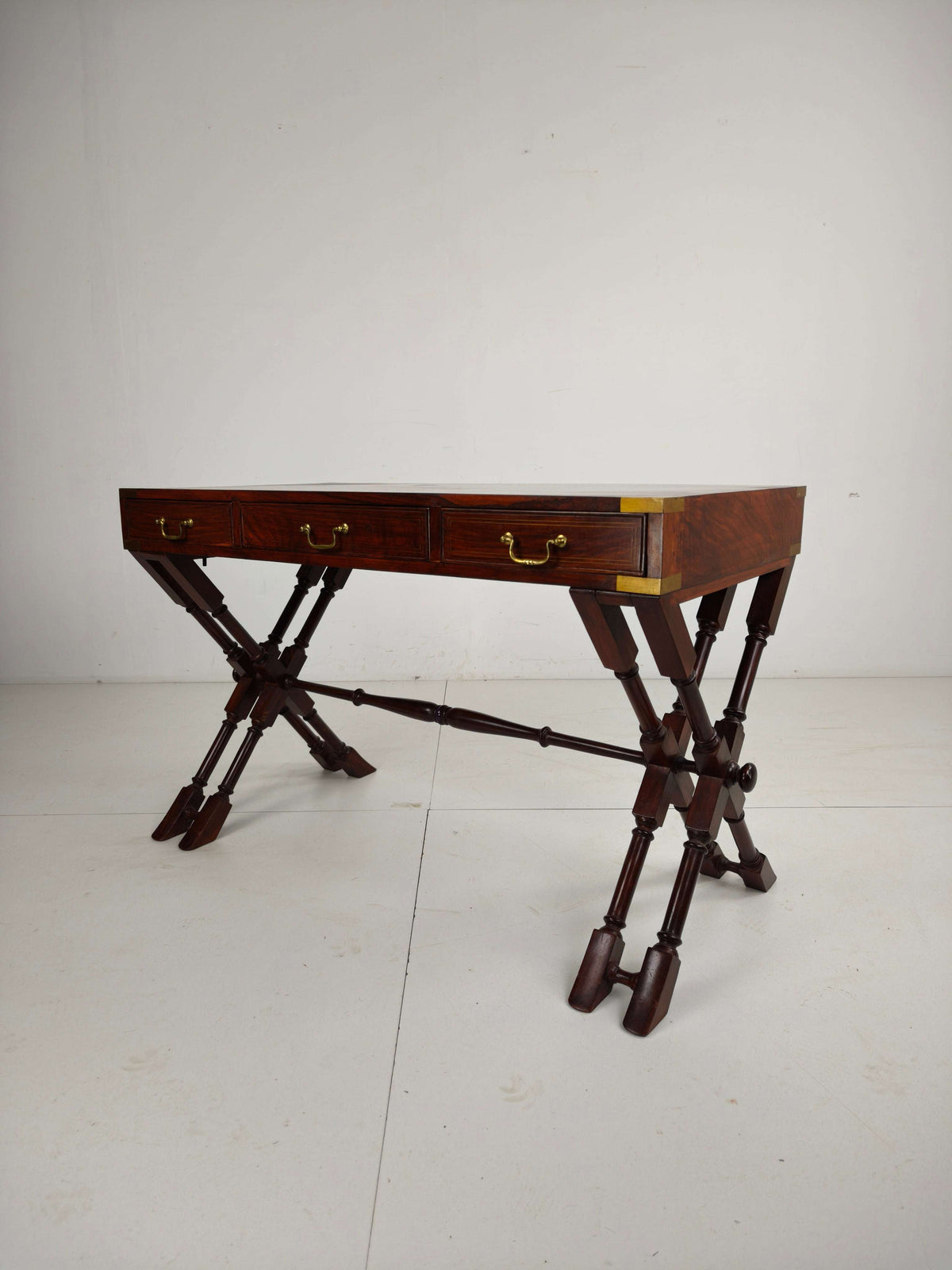 Vintage Anglo Indian Military Campaign Trestle Writing Desk With Brass Inlay Vintage Anglo Indian Military Campaign Trestle Writing Desk With Brass Inlay