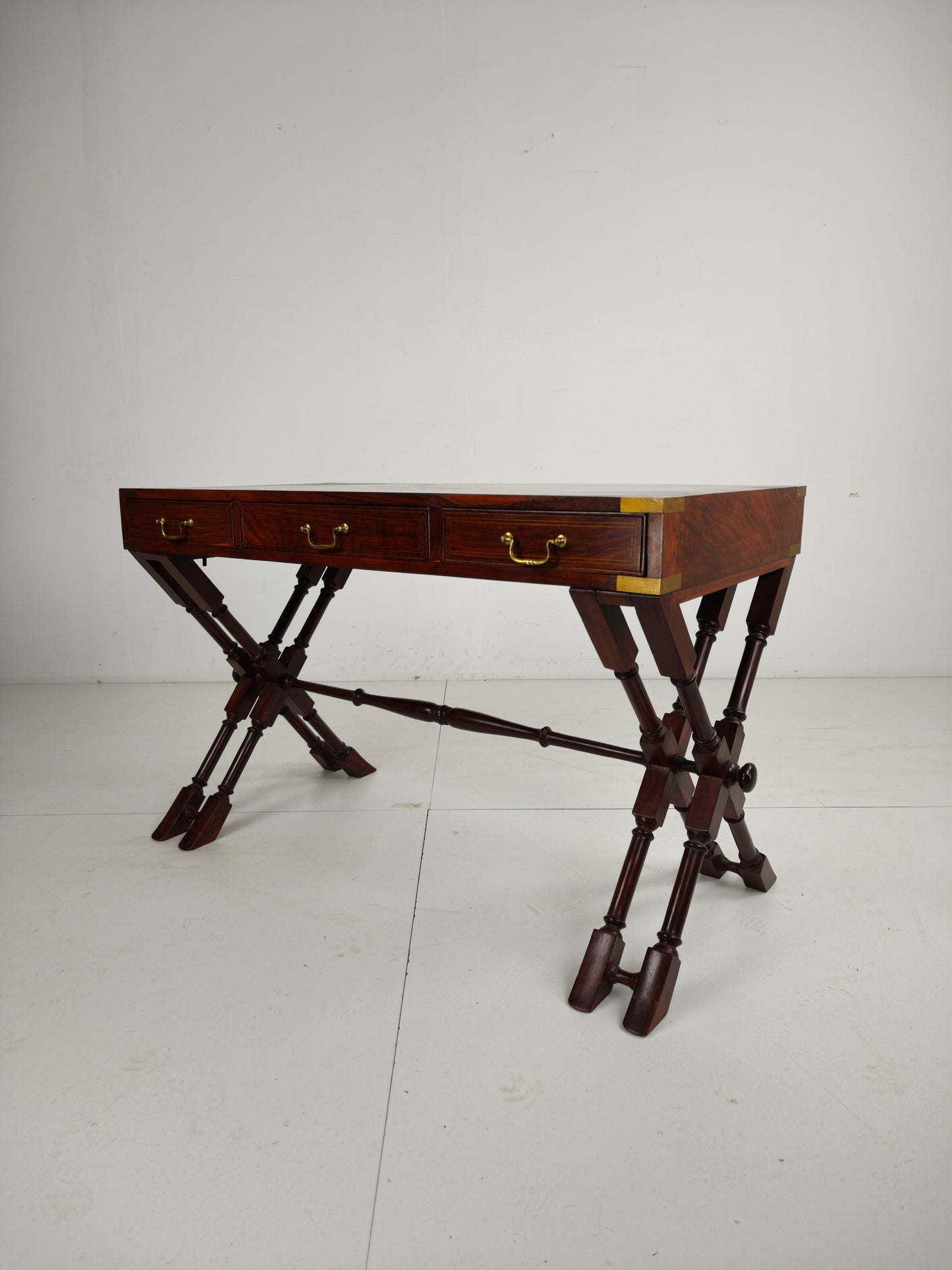 Vintage Anglo Indian Military Campaign Trestle Writing Desk With Brass Inlay Vintage Anglo Indian Military Campaign Trestle Writing Desk With Brass Inlay