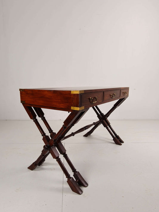 Vintage Anglo Indian Military Campaign Trestle Writing Desk With Brass Inlay Vintage Anglo Indian Military Campaign Trestle Writing Desk With Brass Inlay