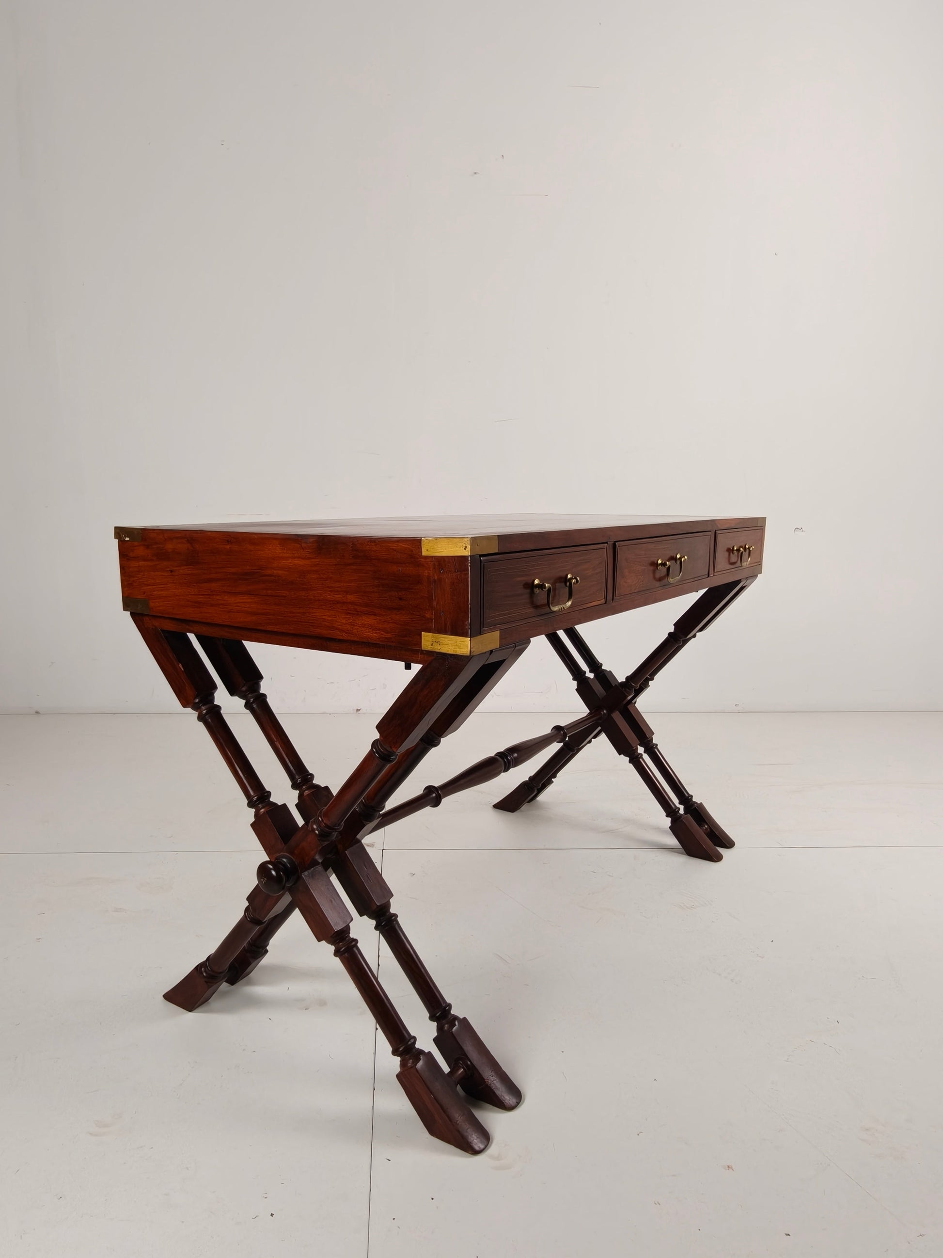 Vintage Anglo Indian Military Campaign Trestle Writing Desk With Brass Inlay Vintage Anglo Indian Military Campaign Trestle Writing Desk With Brass Inlay