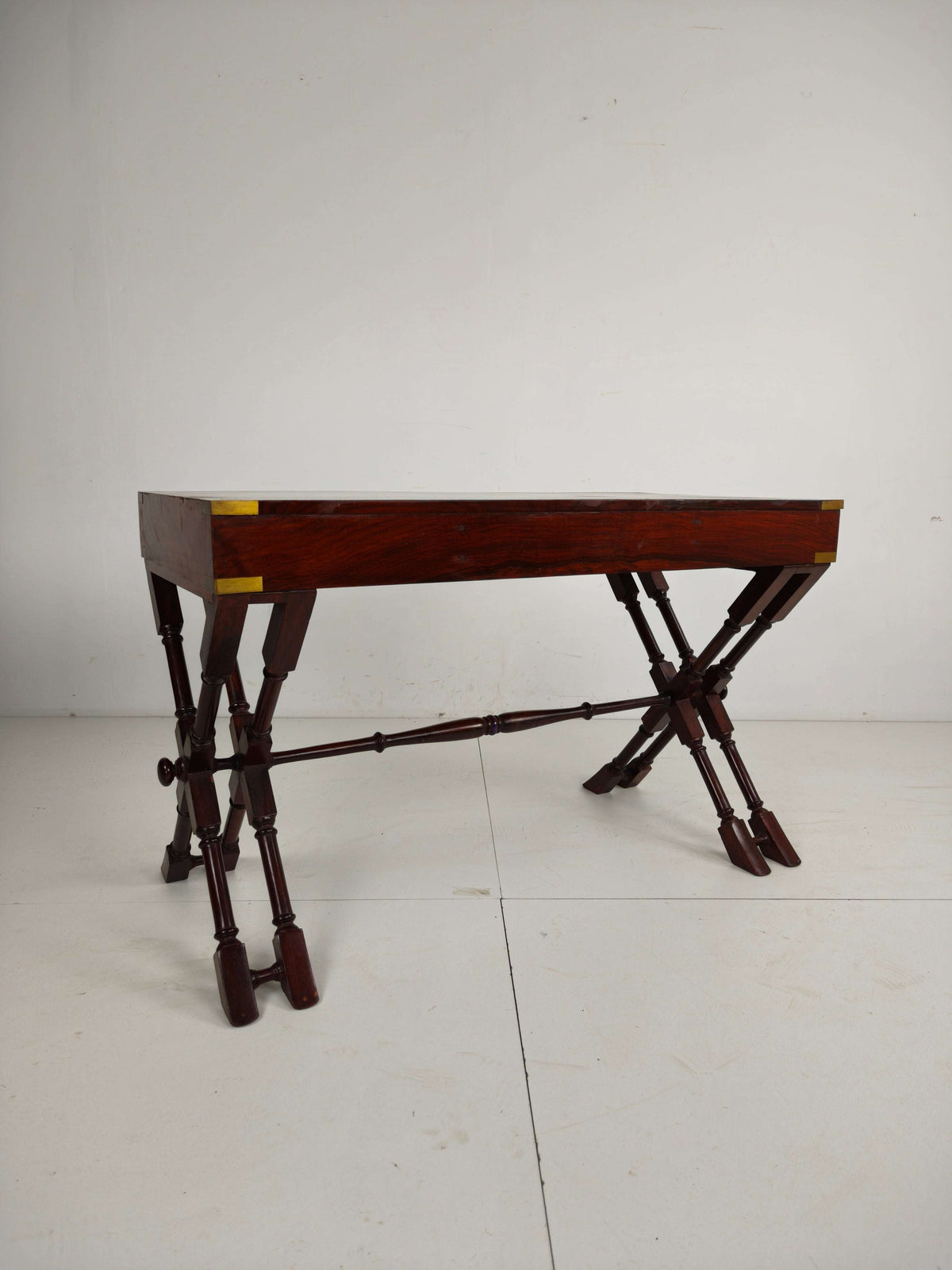 Vintage Anglo Indian Military Campaign Trestle Writing Desk With Brass Inlay Vintage Anglo Indian Military Campaign Trestle Writing Desk With Brass Inlay