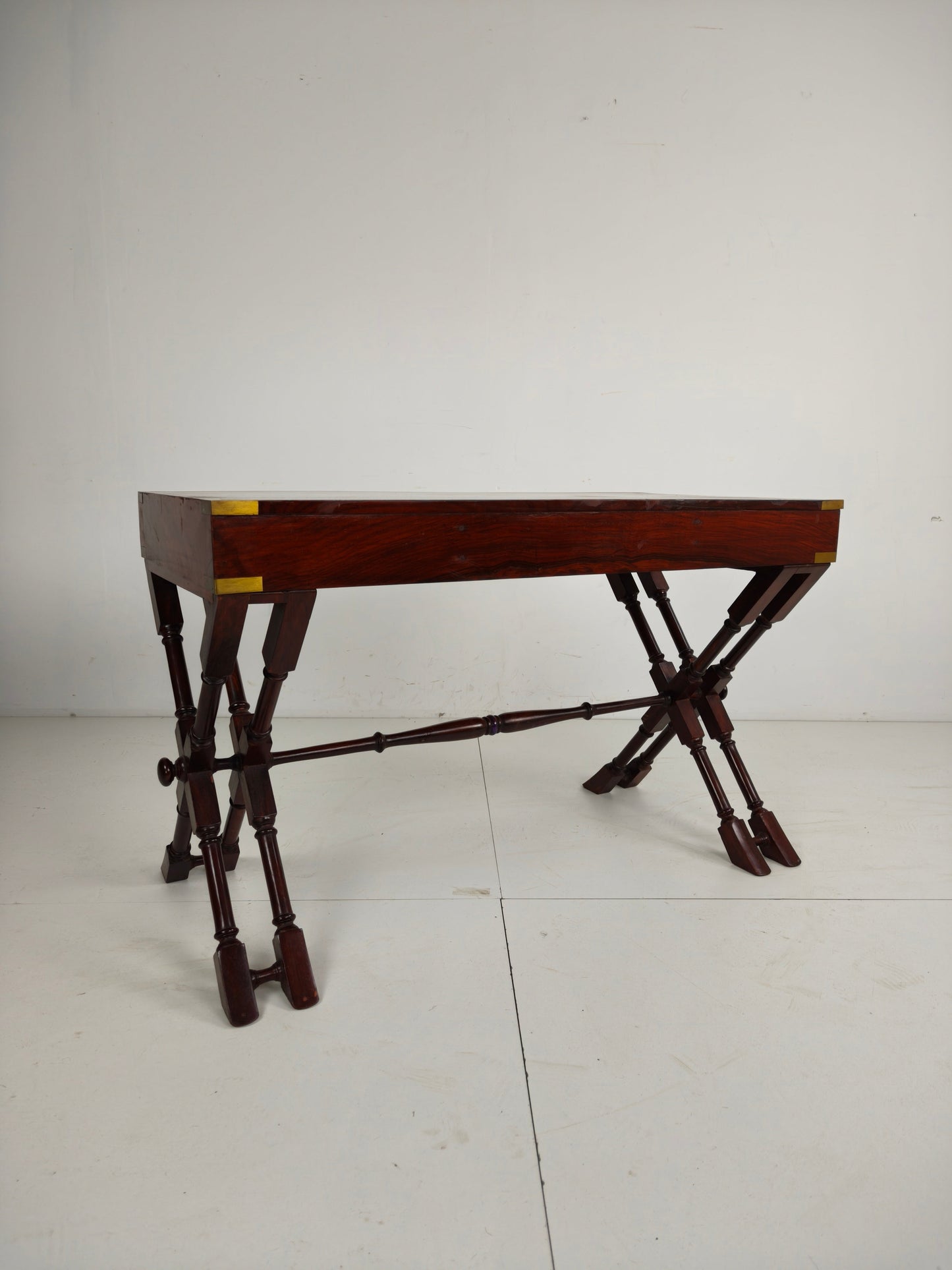 Vintage Anglo Indian Military Campaign Trestle Writing Desk With Brass Inlay Vintage Anglo Indian Military Campaign Trestle Writing Desk With Brass Inlay