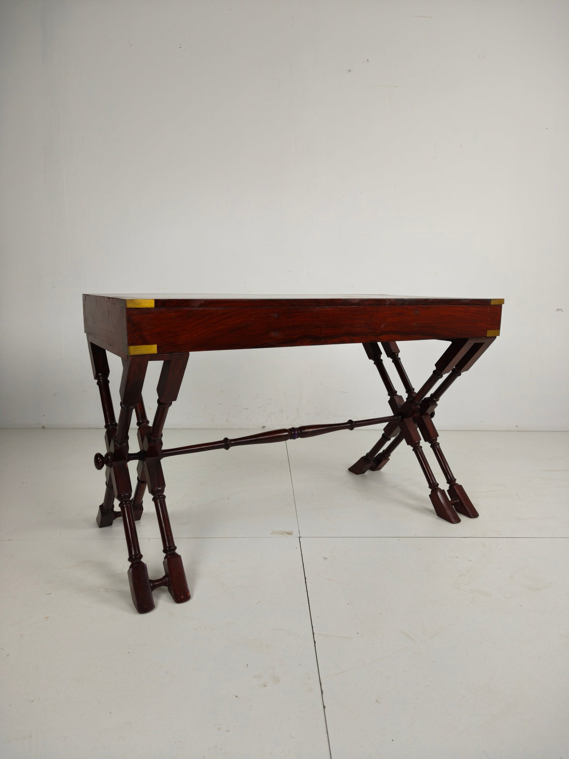 Vintage Anglo Indian Military Campaign Trestle Writing Desk With Brass Inlay Vintage Anglo Indian Military Campaign Trestle Writing Desk With Brass Inlay
