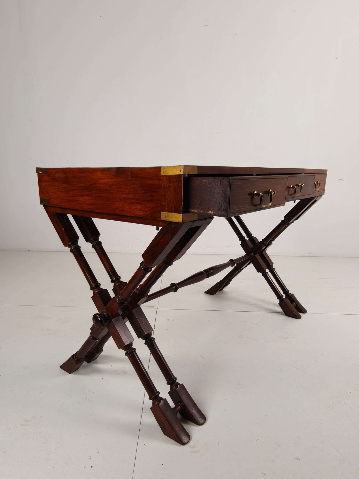 Vintage Anglo Indian Military Campaign Trestle Writing Desk With Brass Inlay Vintage Anglo Indian Military Campaign Trestle Writing Desk With Brass Inlay
